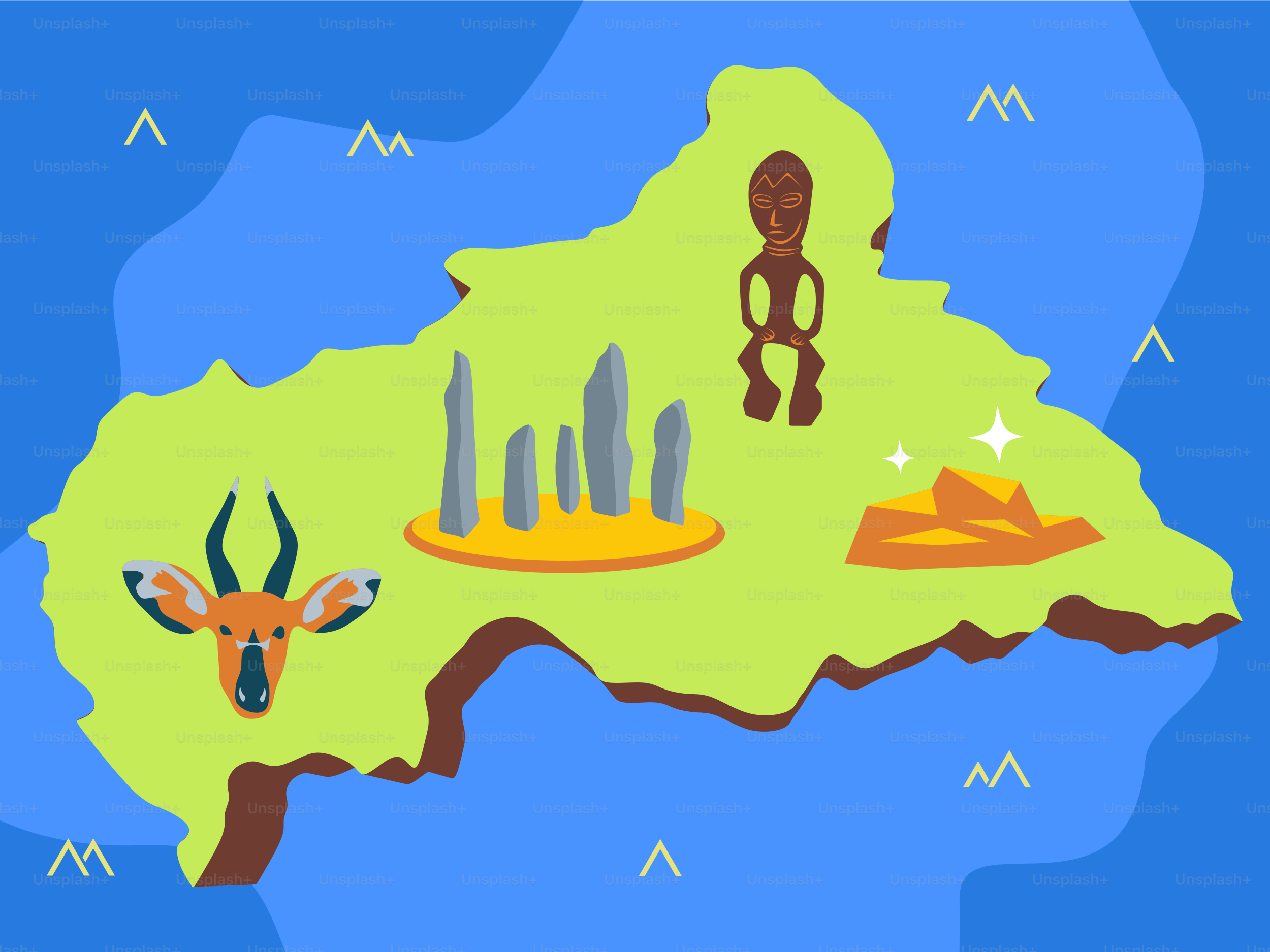 A cartoon map of australia with a deer, kangaroo, giraffe, and