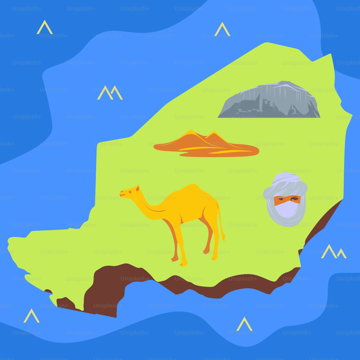 A map with a camel and mountains in the background