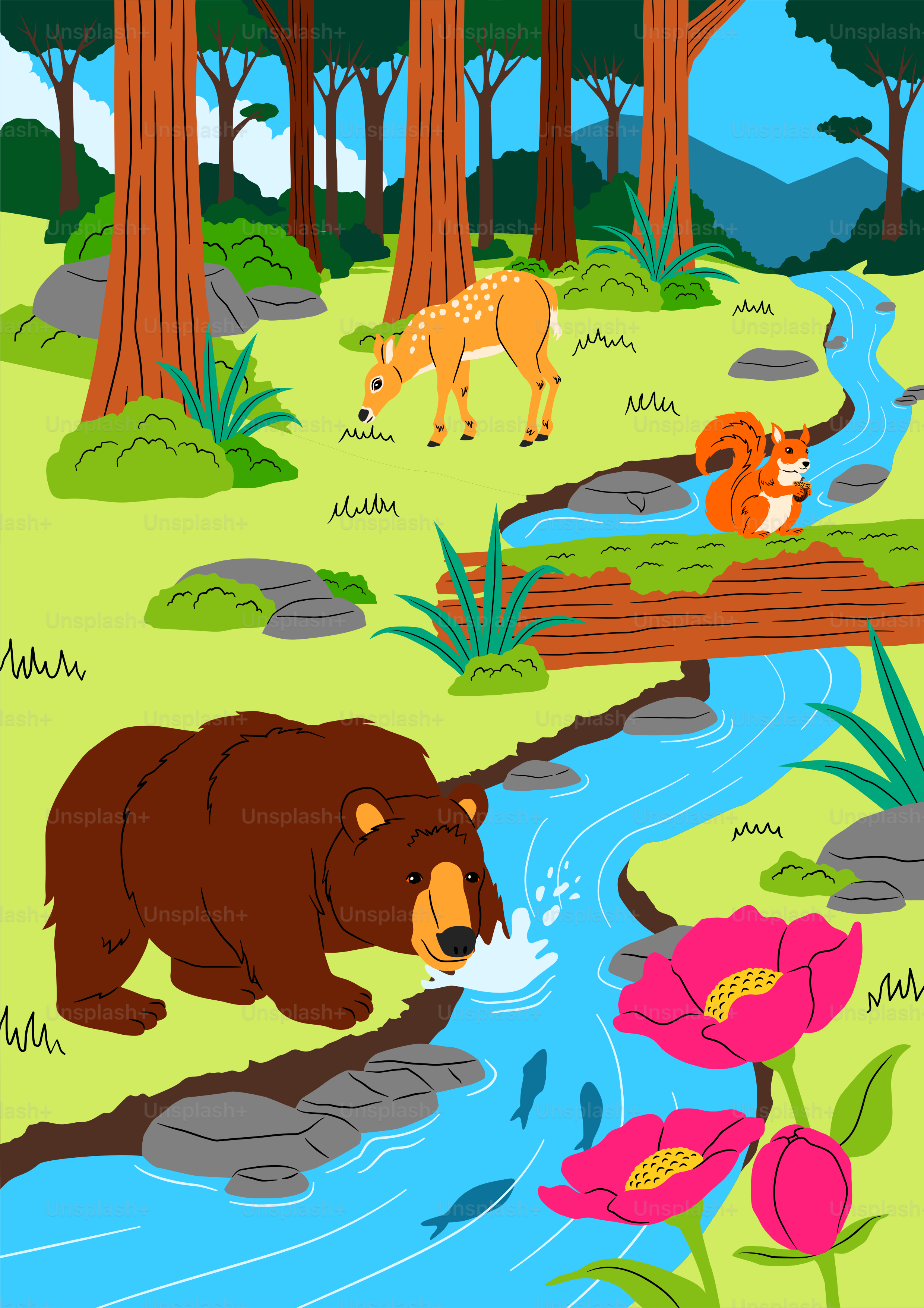 Un'immagine di un orso e di altri animali in una foresta