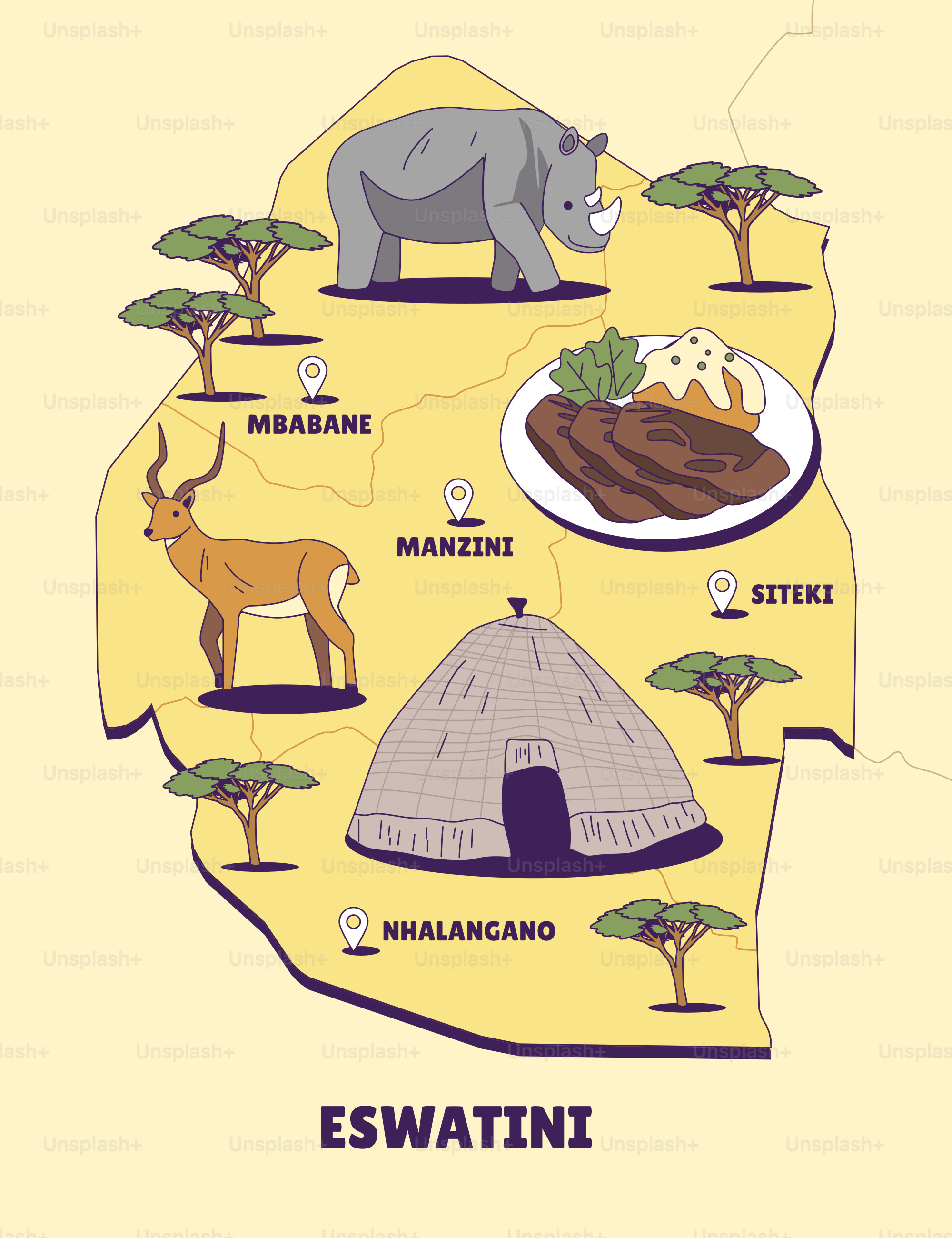 Um mapa do estado da Suazilândia com animais