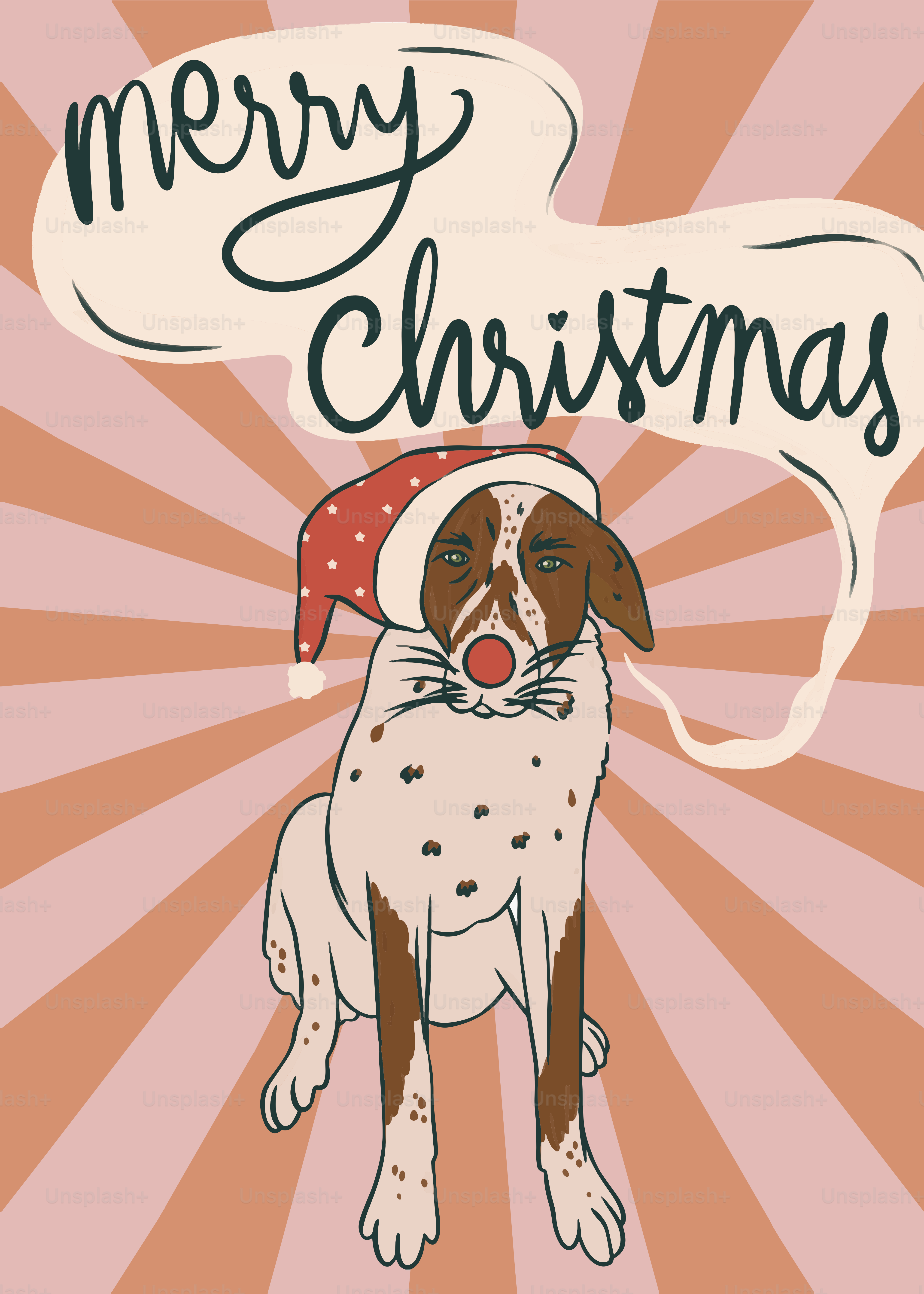 A brown and white dog wearing a santa hat