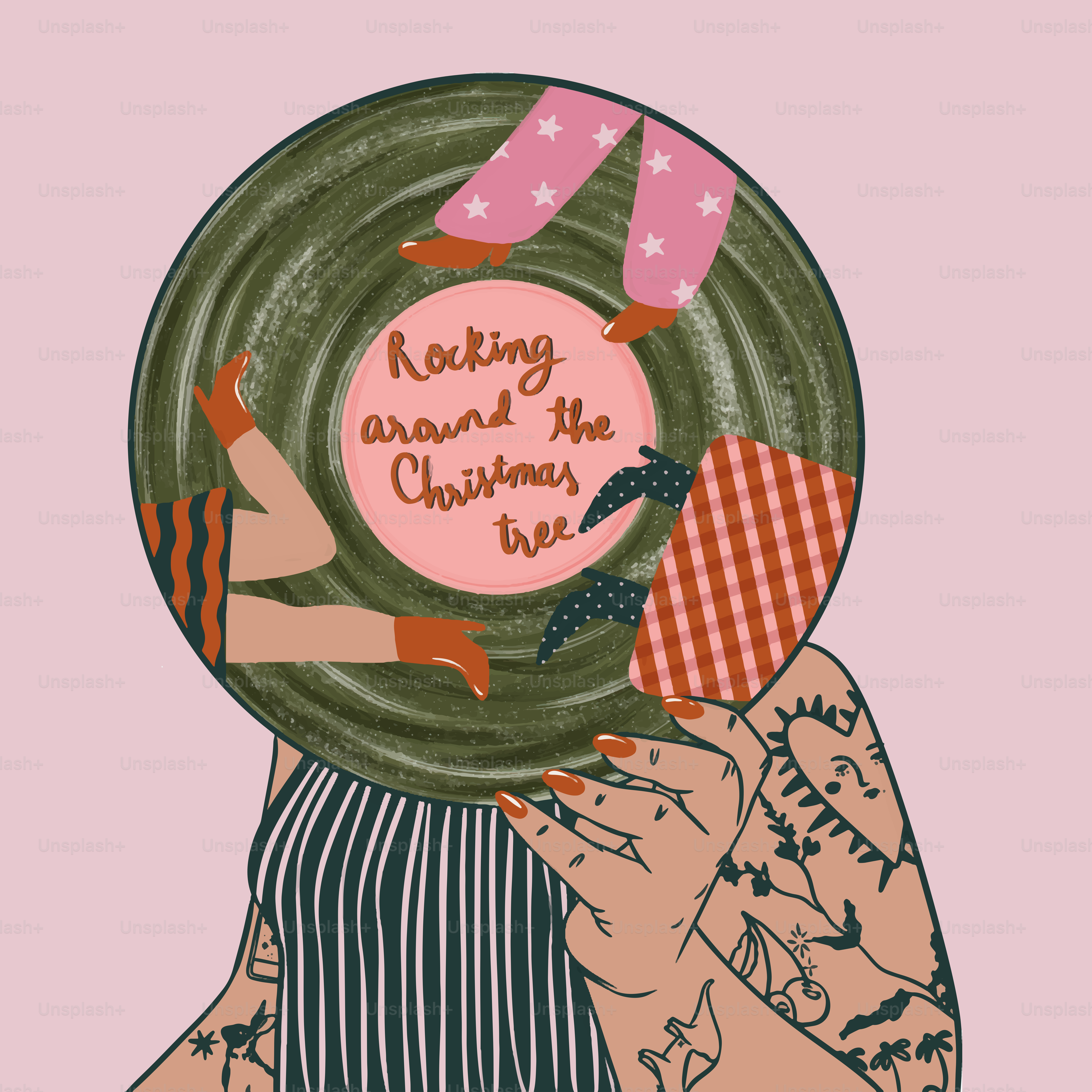 A drawing of a woman holding a plate with the words rocking around the christmas tree