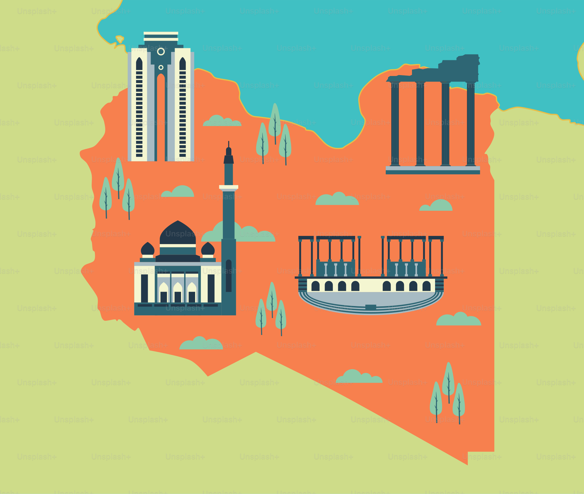 A map of the united states with buildings