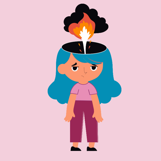 A girl with a burning head on her head