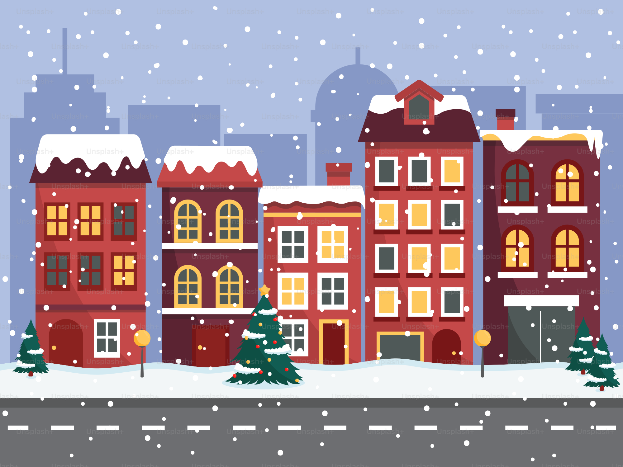 A snowy city street with buildings and trees
