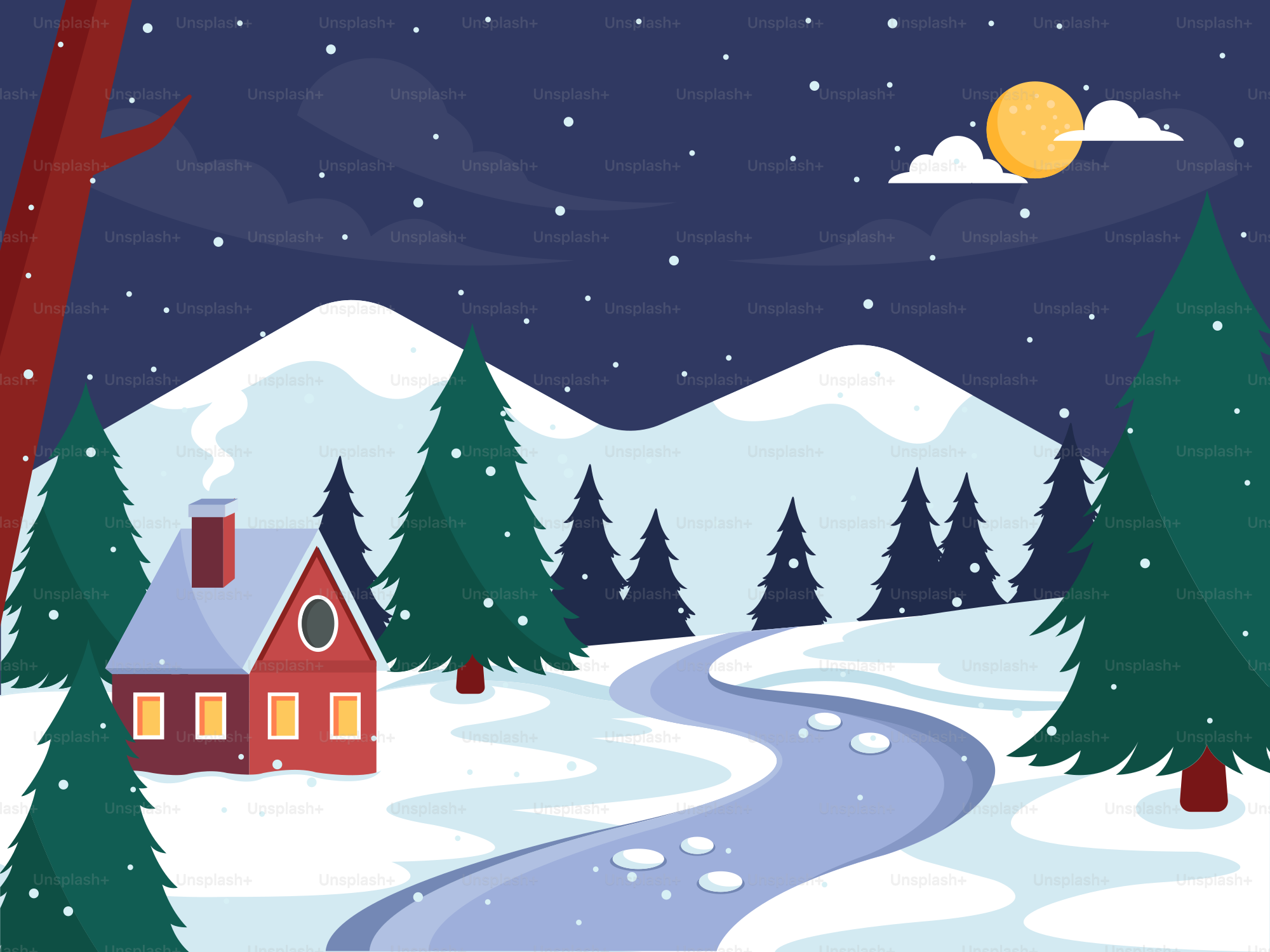 A snowy landscape with a house and trees
