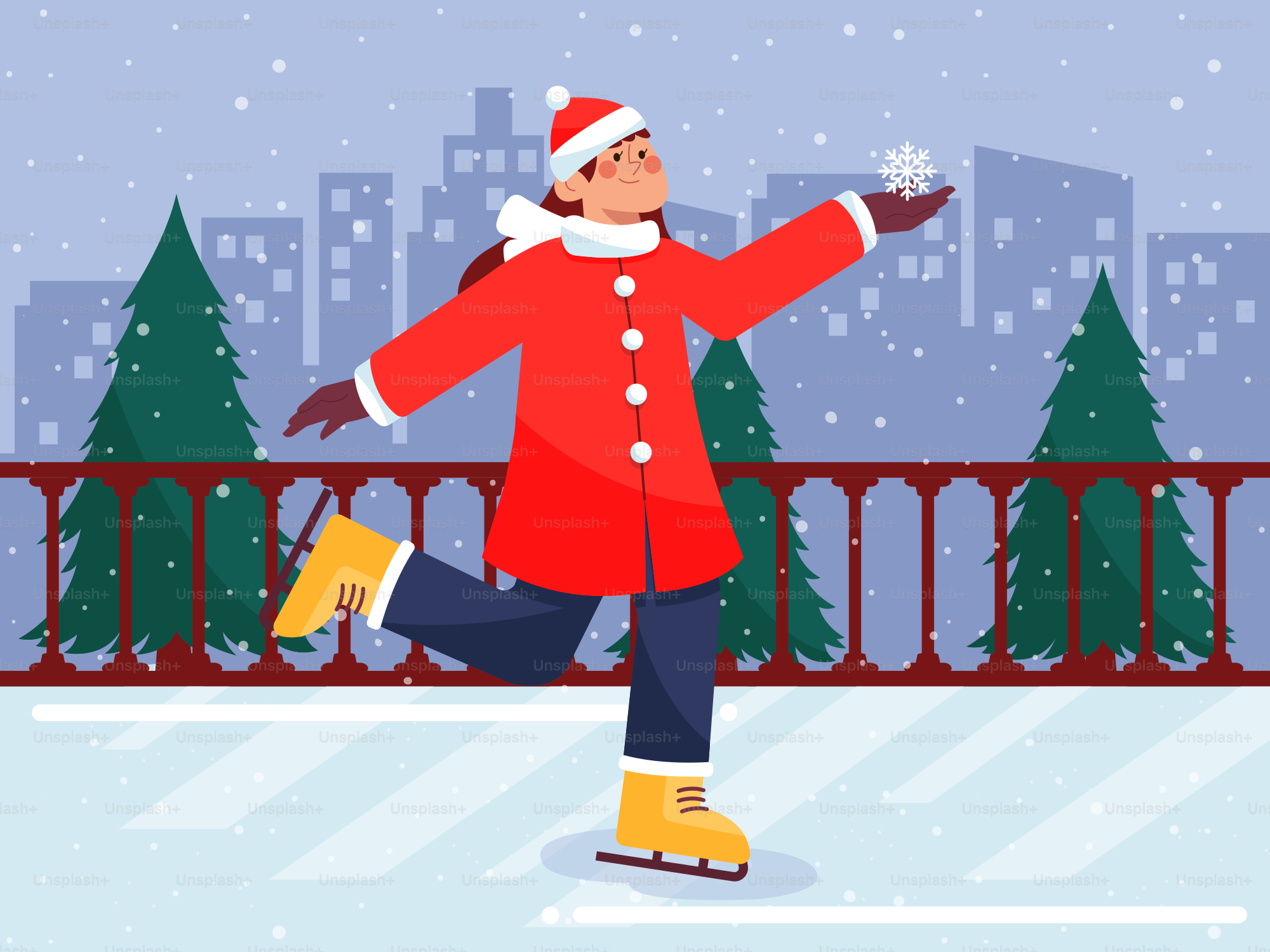 A person in a red coat skating on a rink