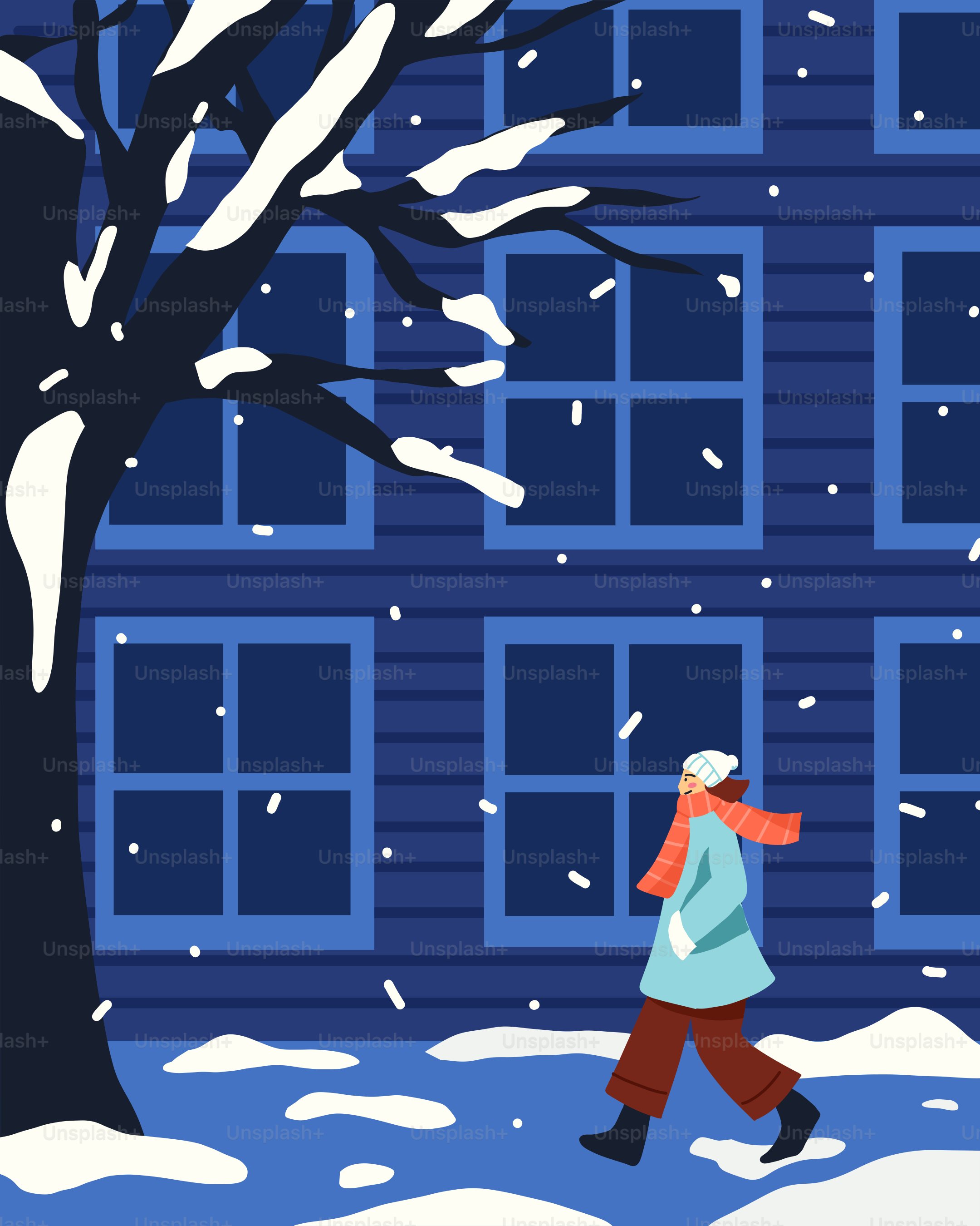 A person walking in the snow near a tree