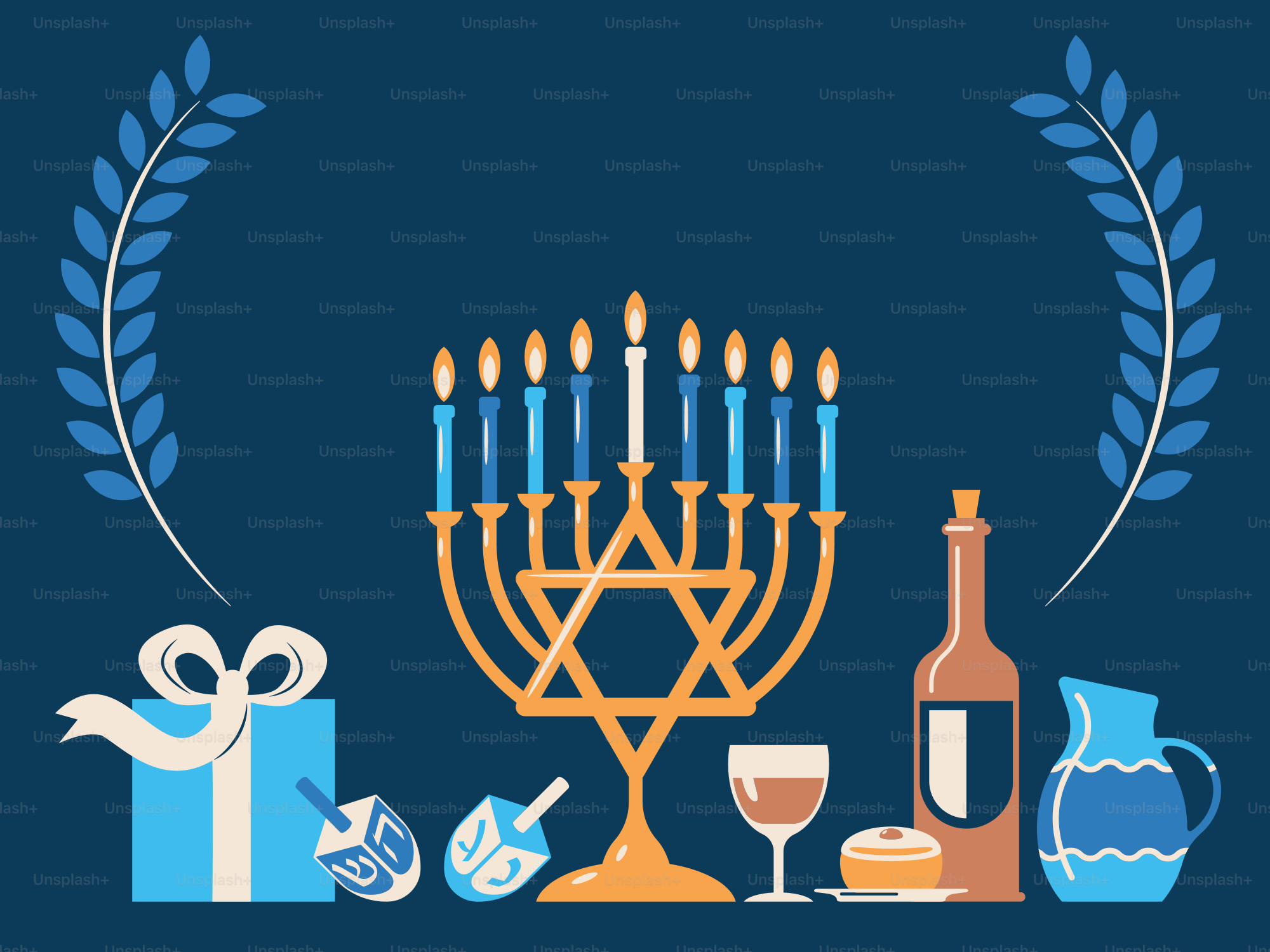 A hanukkah menorah with candles and gifts