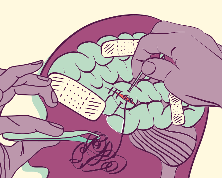 A drawing of a person's head with a needle in the middle of the