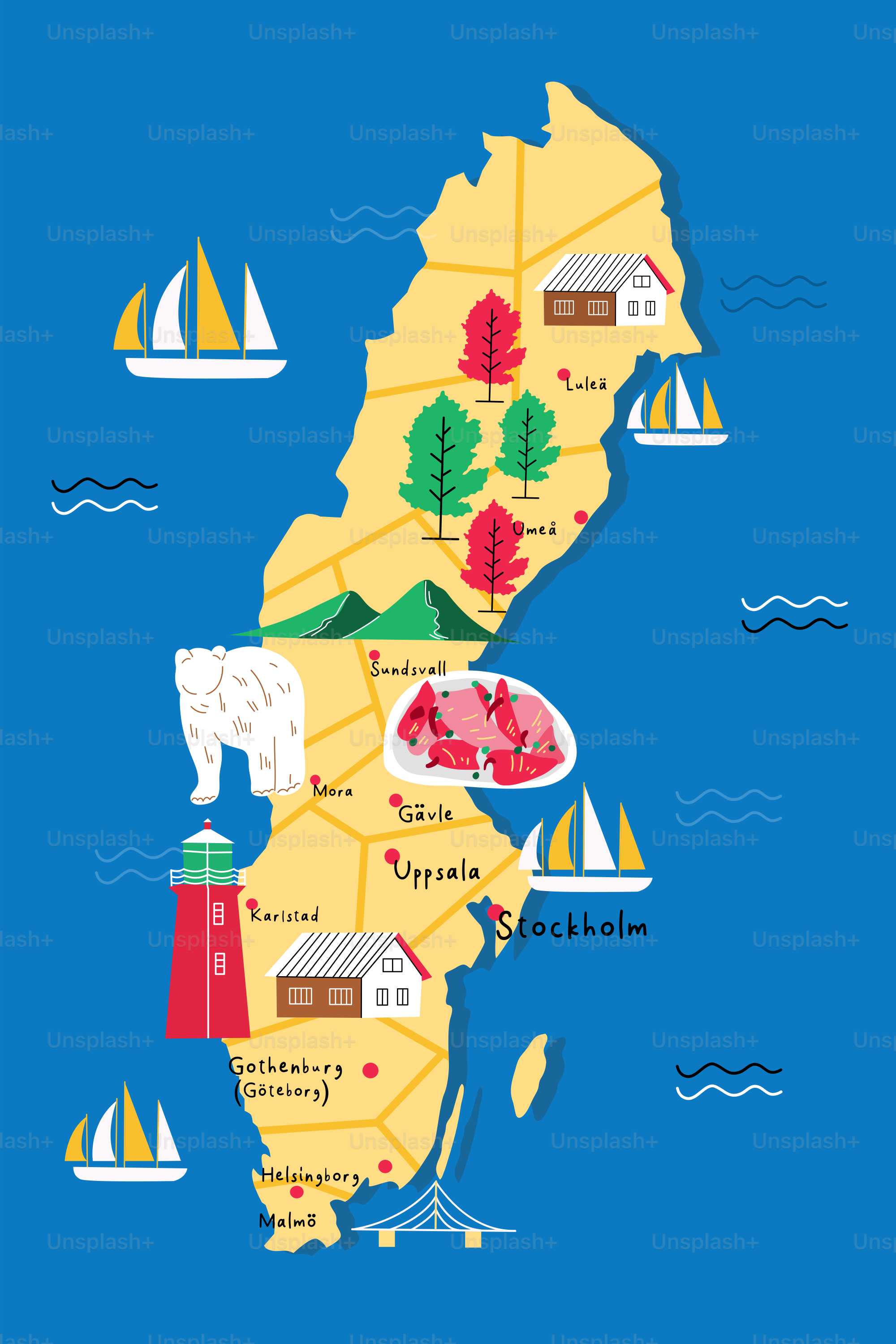 A map of the united states with boats and lighthouses