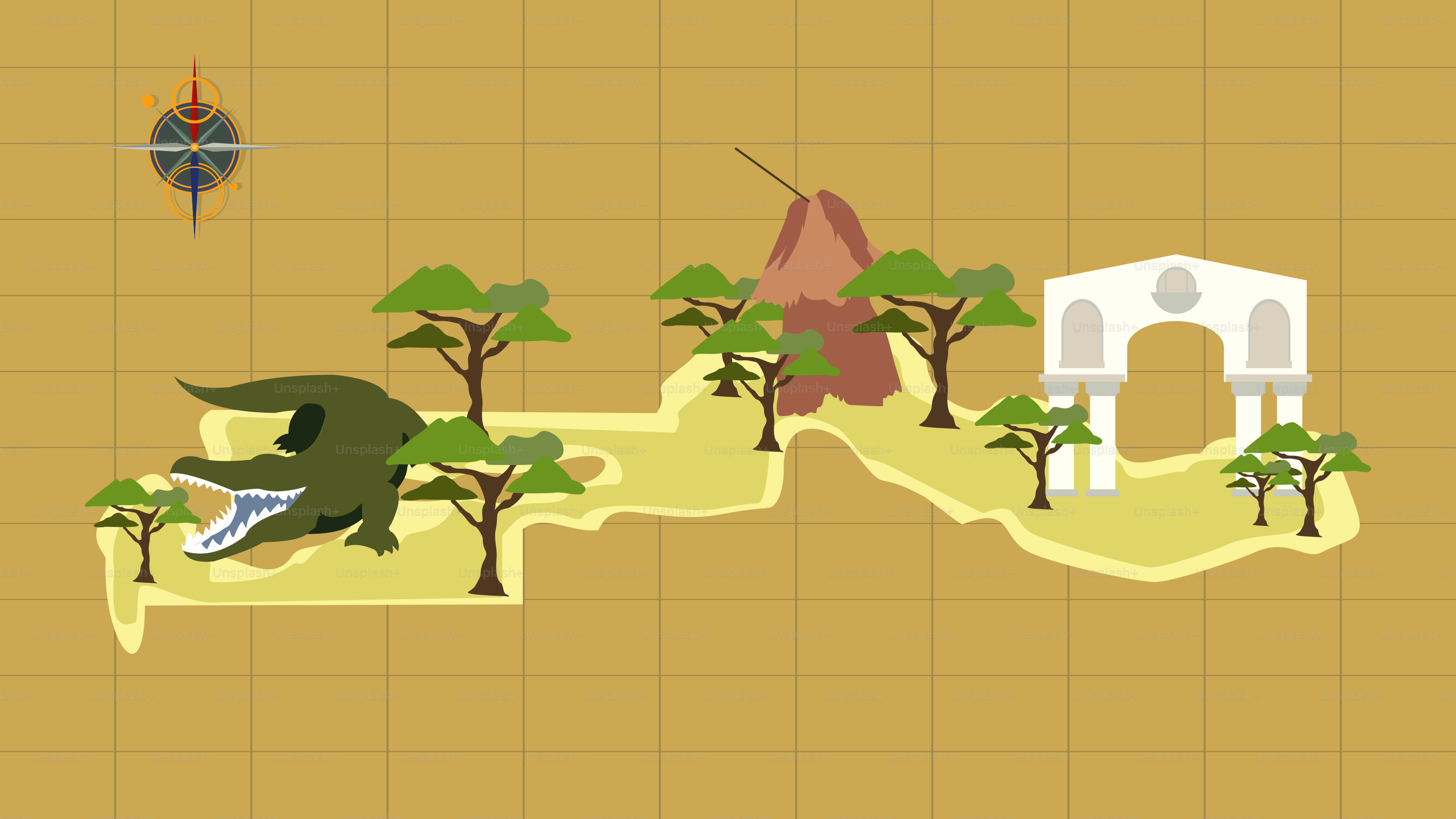 A computer generated image of an island with trees and buildings