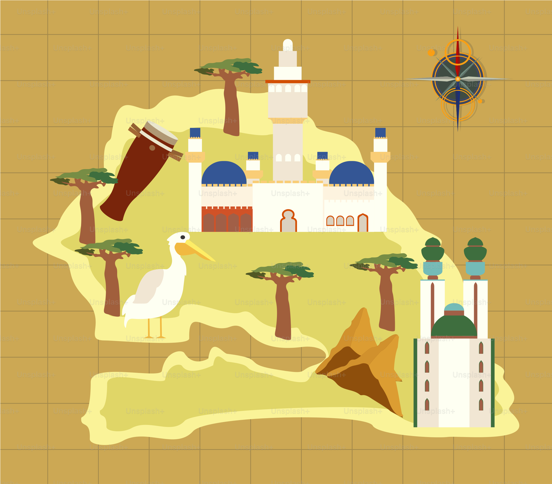 A map with a bird and a castle on it