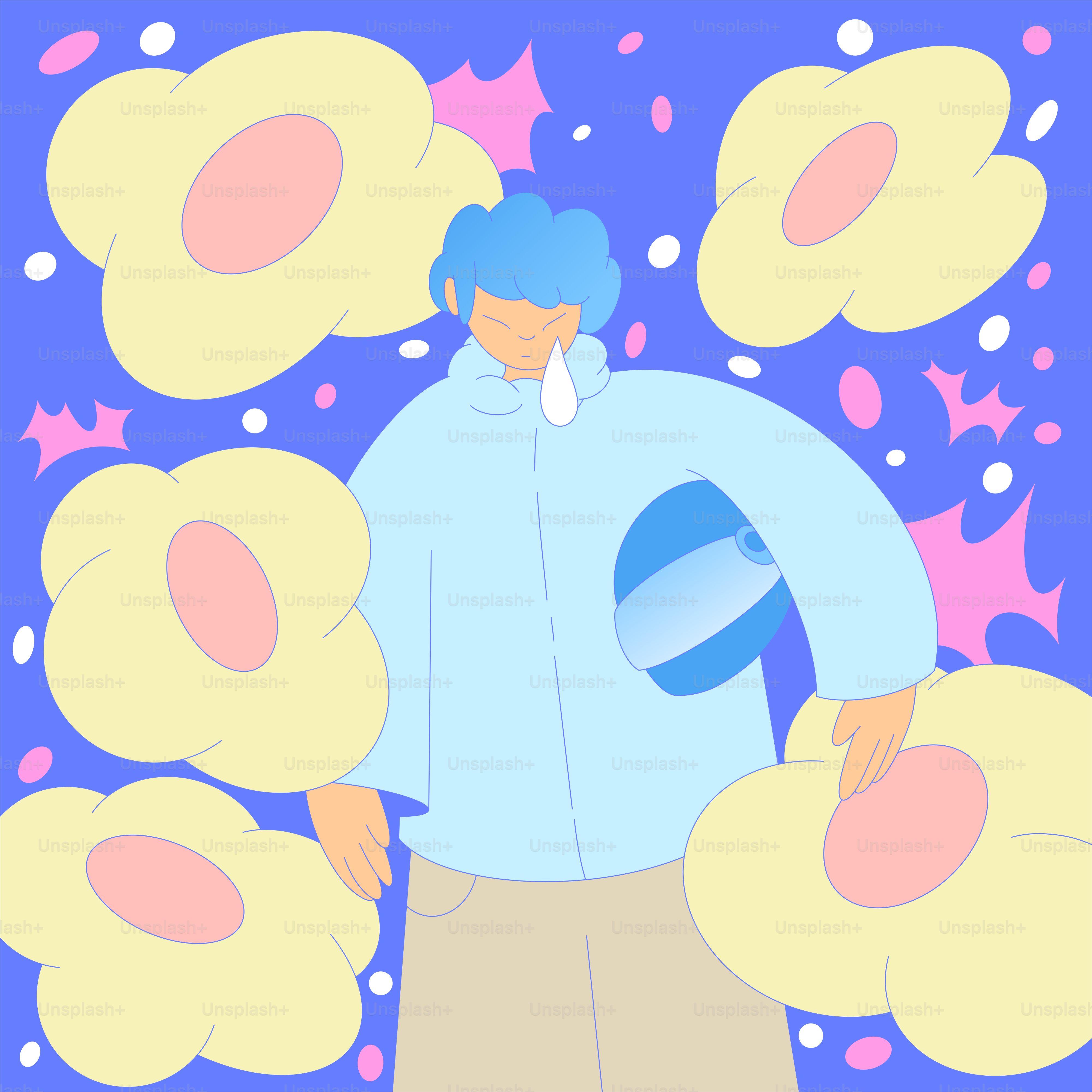 A painting of a person standing in front of flowers