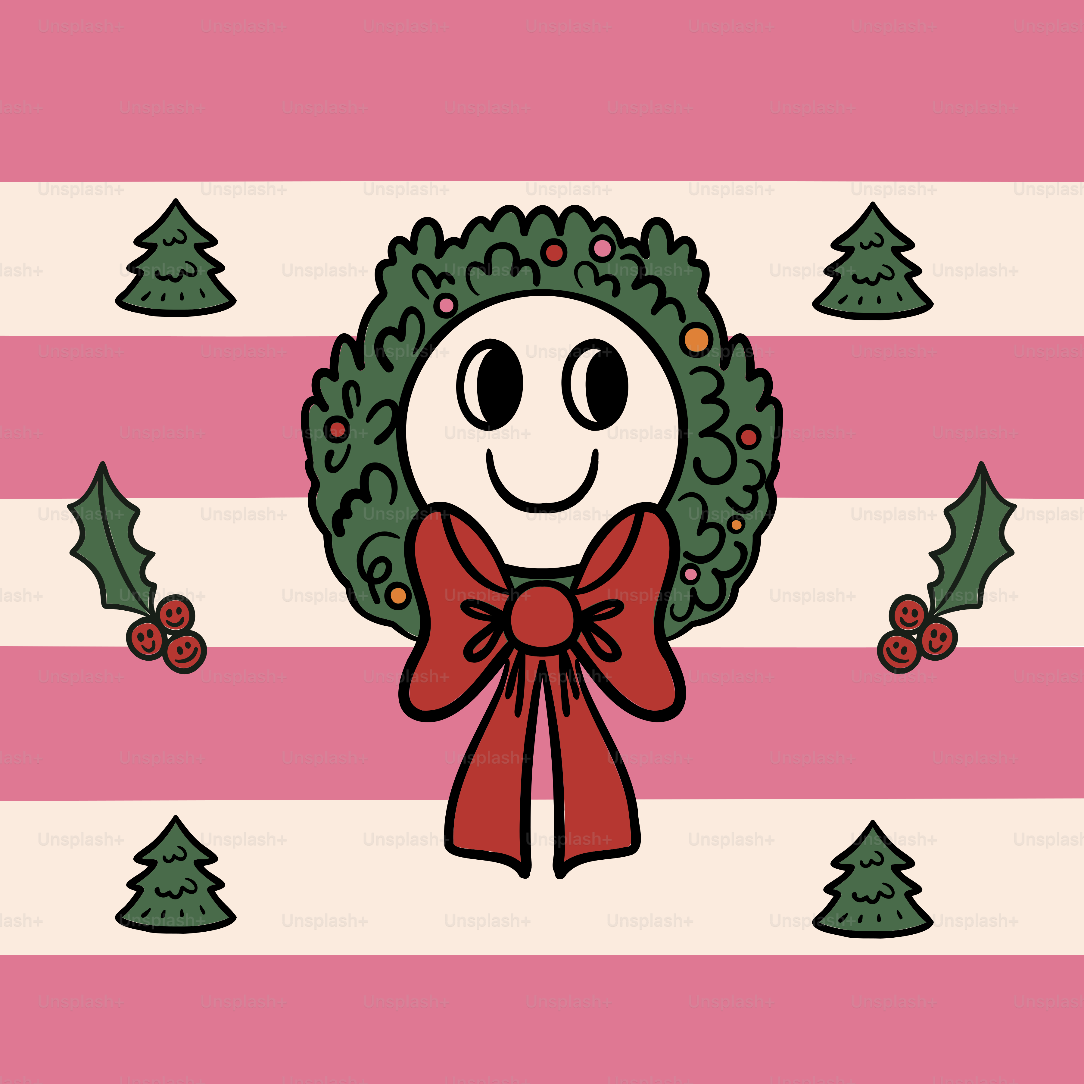 A christmas wreath on a pink and white striped background