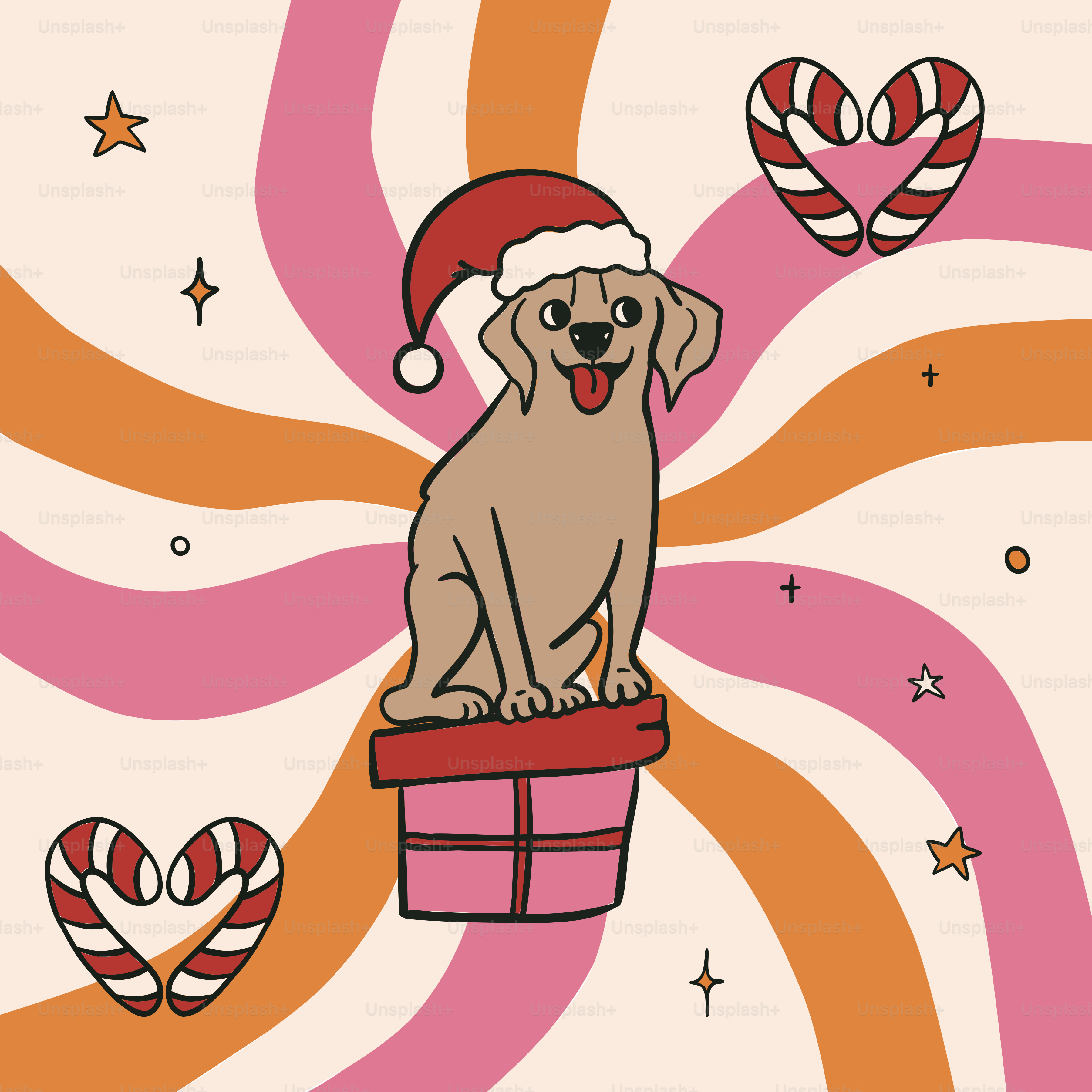 Un perro sentado encima de una caja con bastones de caramelo