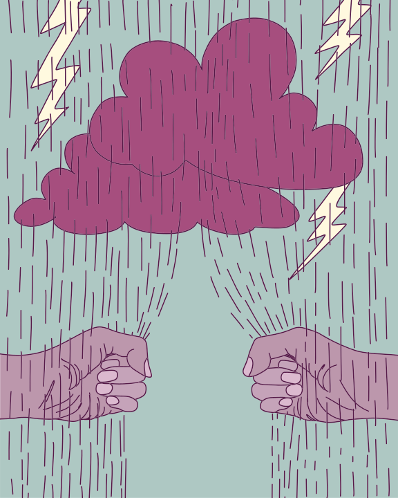 Eine Zeichnung von zwei Händen, die eine Wolke halten