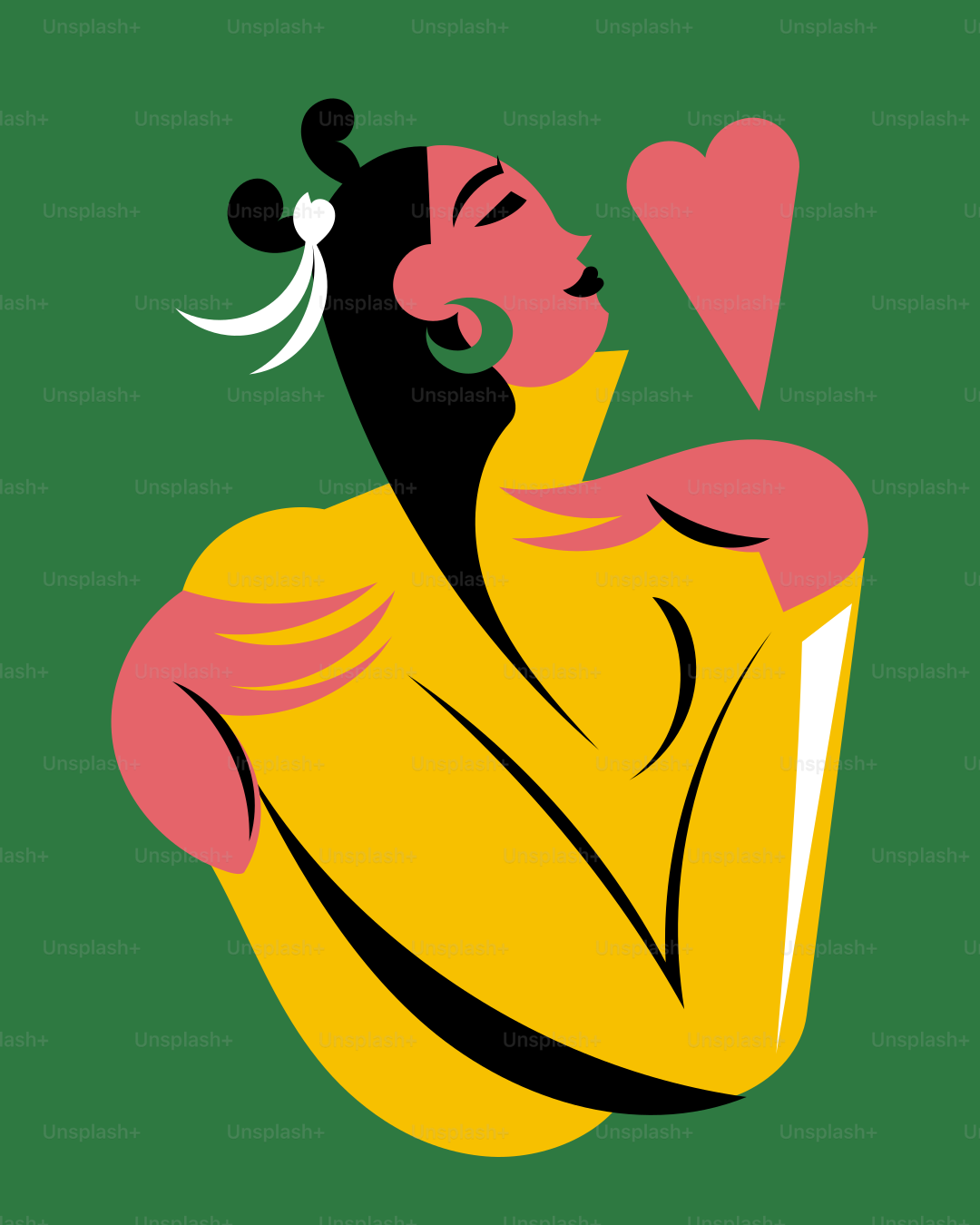 Una mujer con un vestido amarillo con un corazón en la cabeza