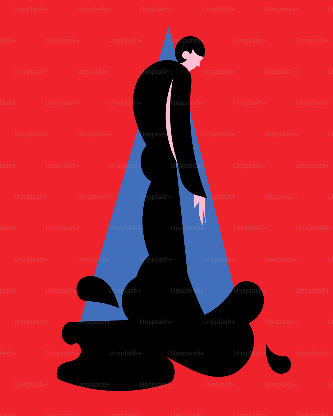 Un homme assis par terre devant un fond rouge