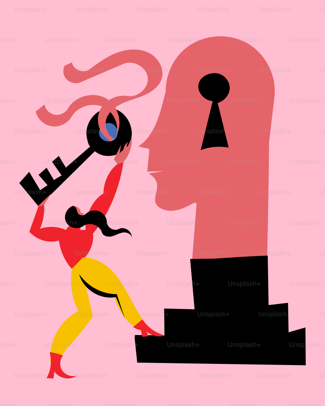 A woman holding a key to a man's head