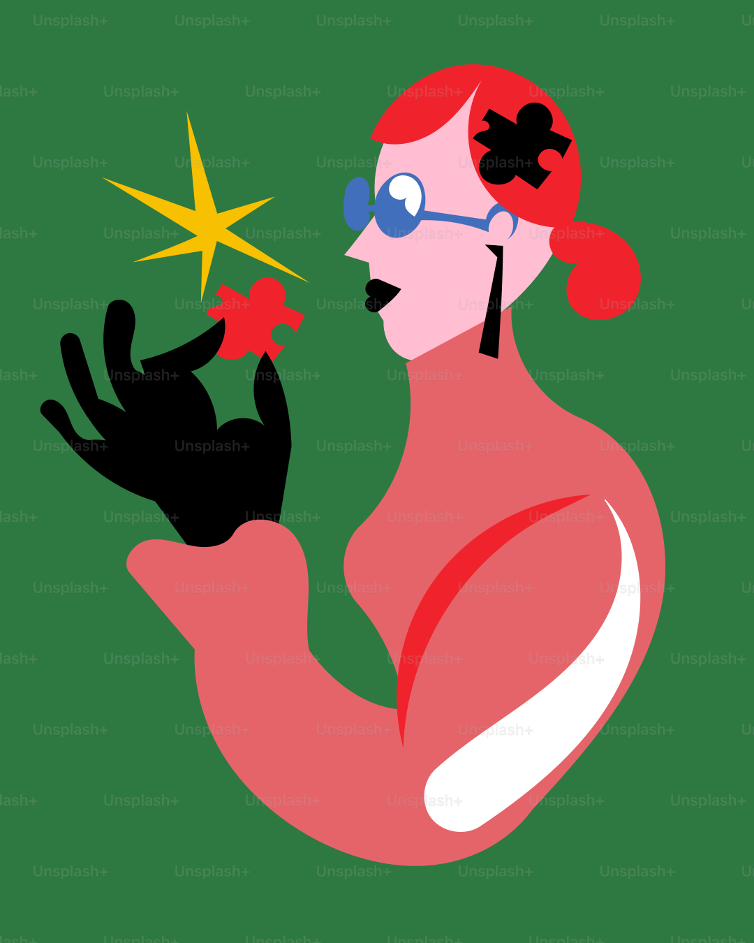 Una mujer con el pelo rojo y gafas sosteniendo una estrella
