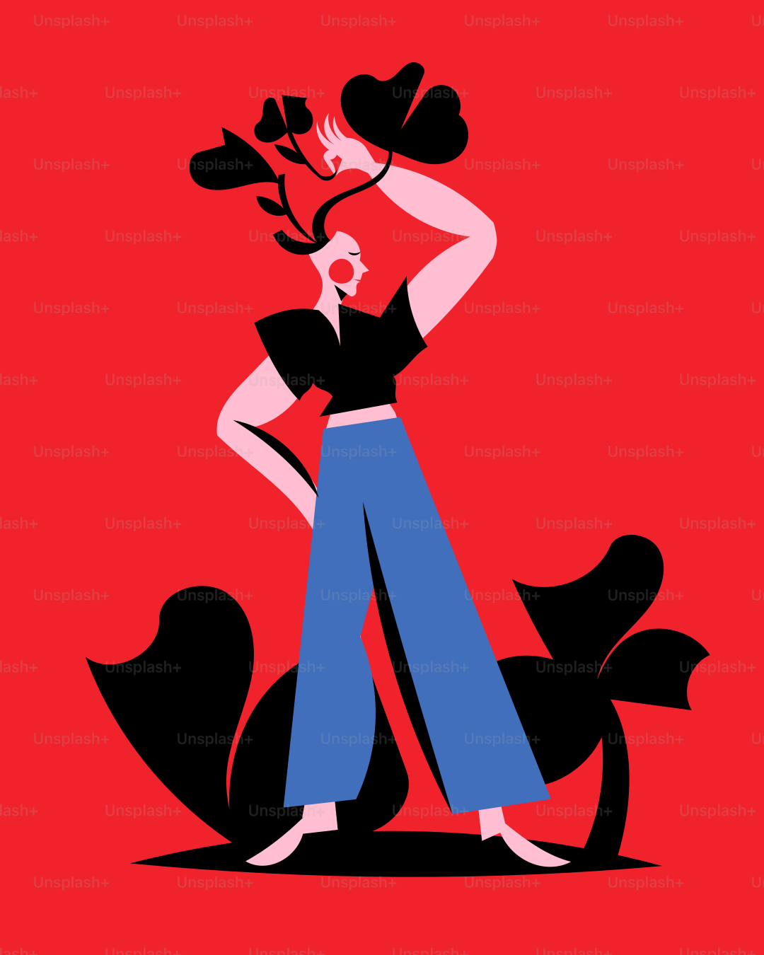 A woman in a black top and blue pants