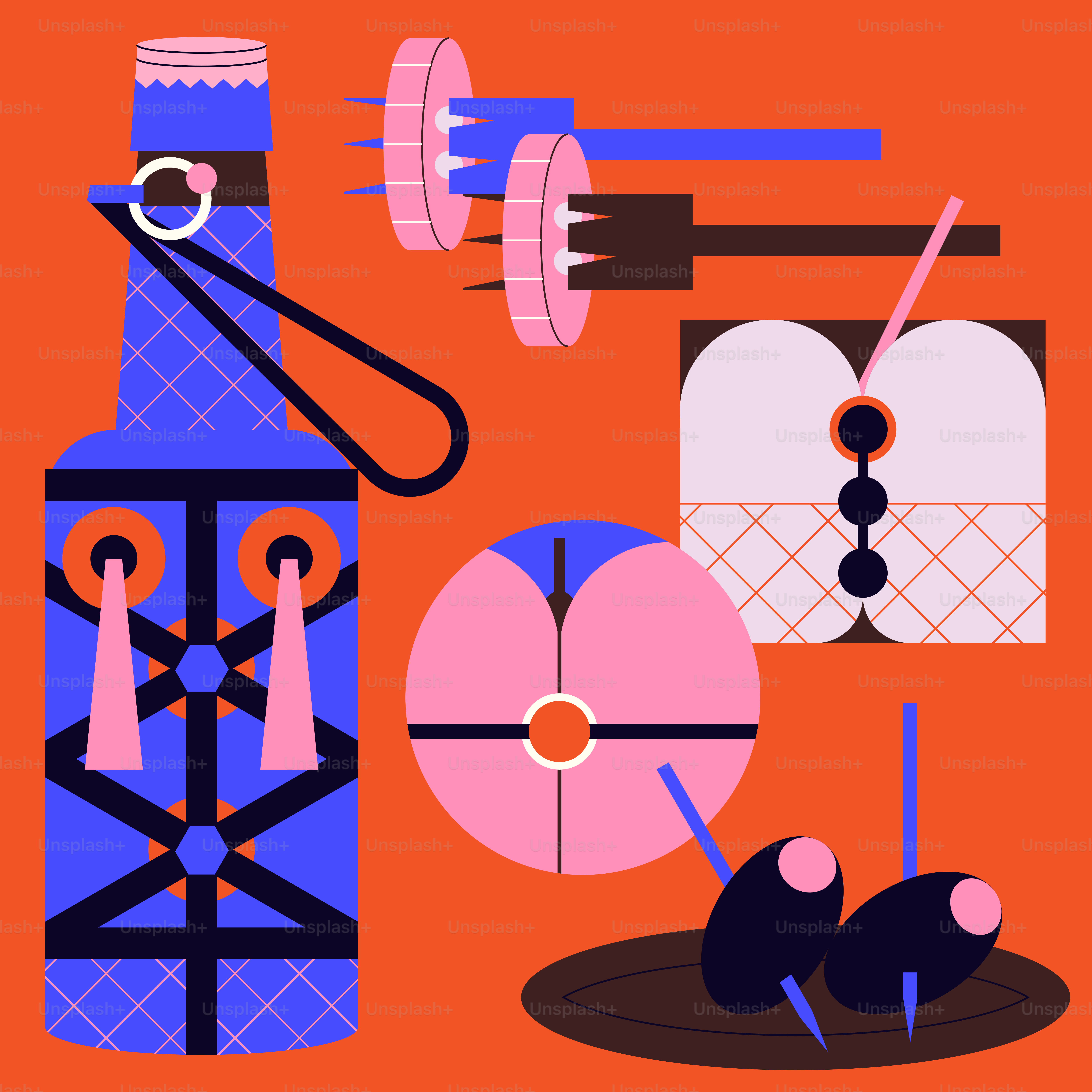 A picture of a group of objects on a red background