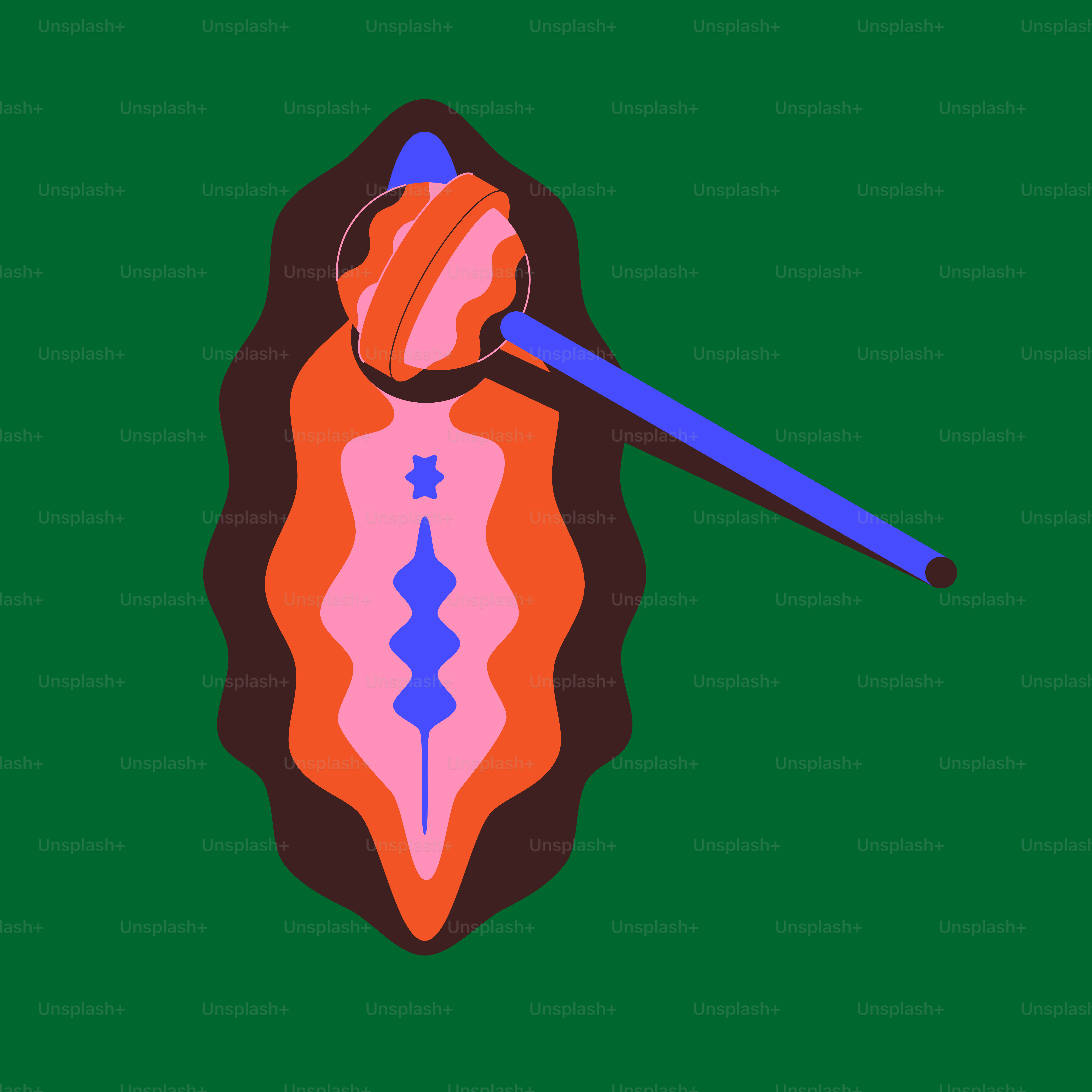 Un oggetto arancione e blu con una maniglia blu su sfondo verde