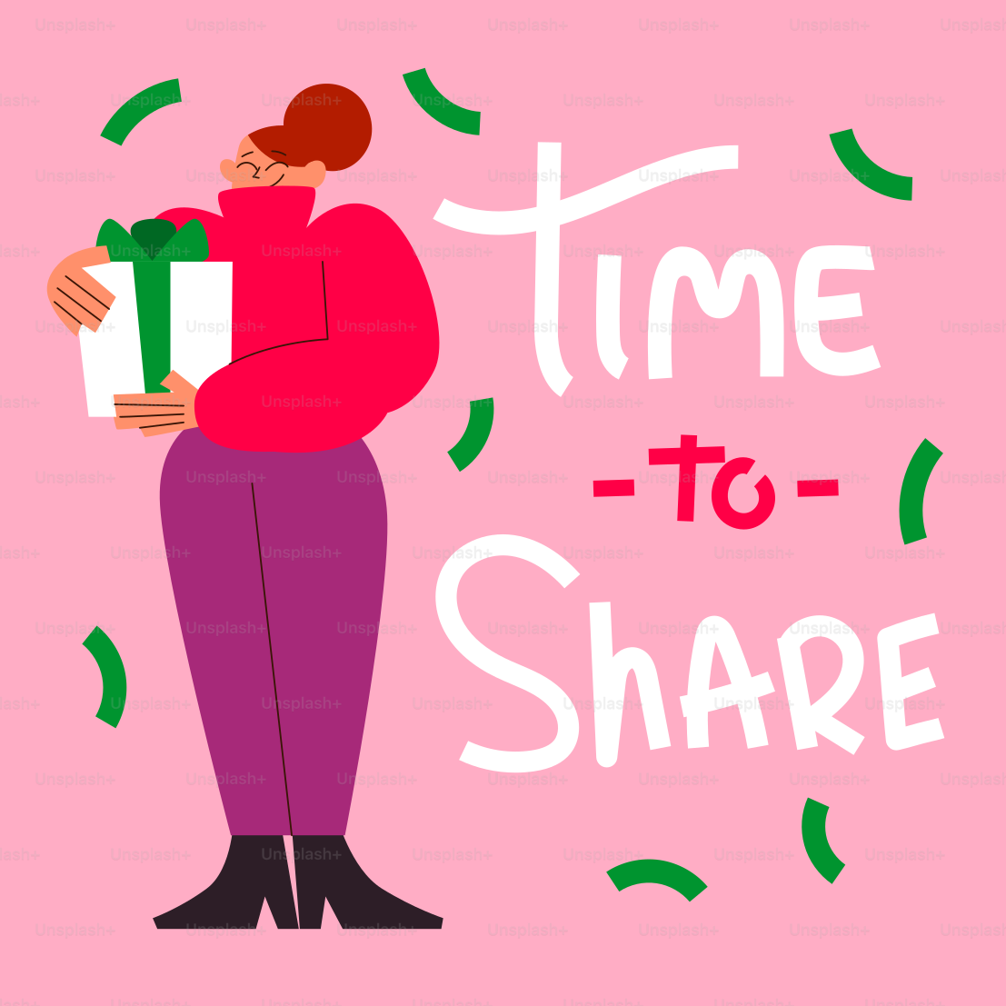 A woman holding a present box with the words time to share