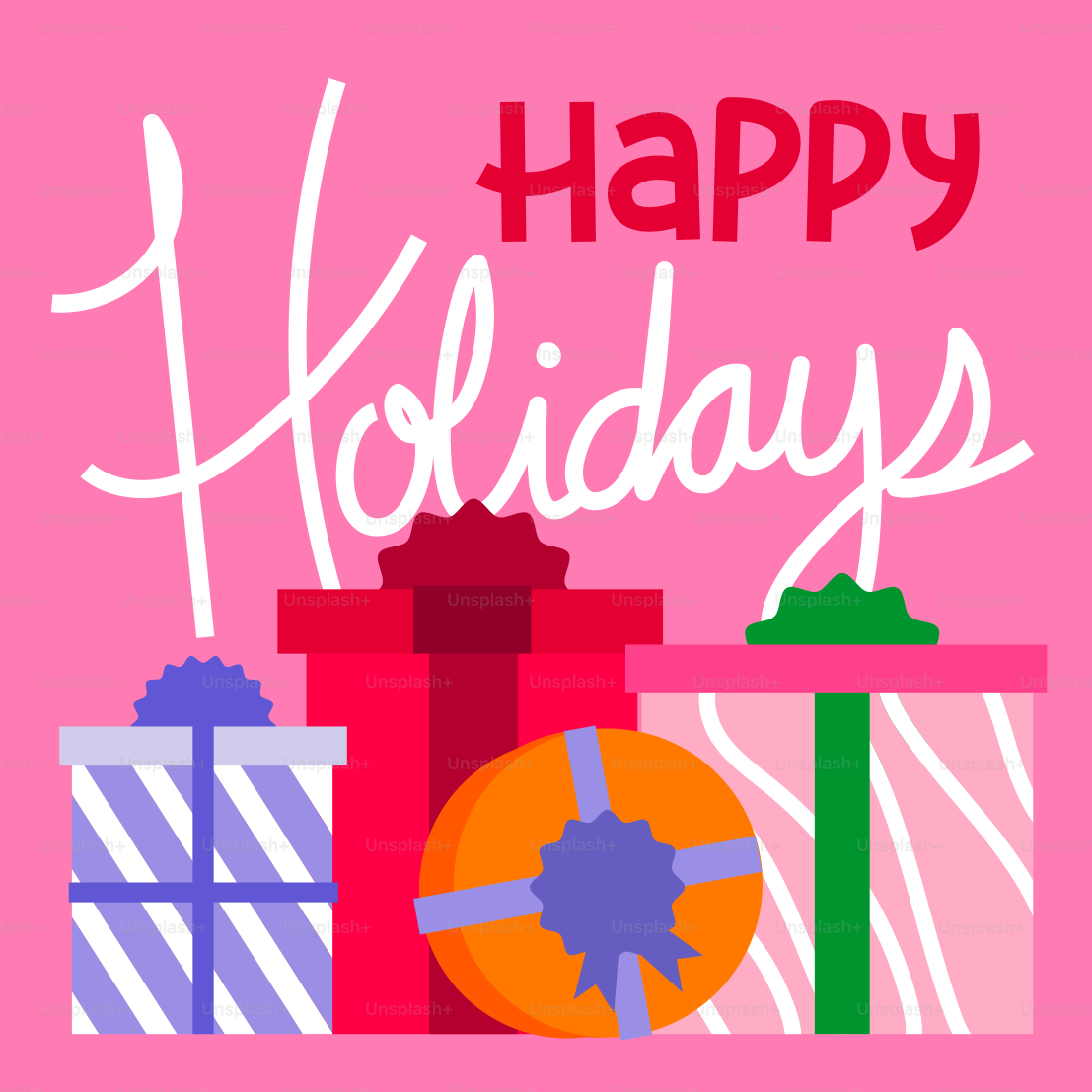A happy holiday card with presents on a pink background