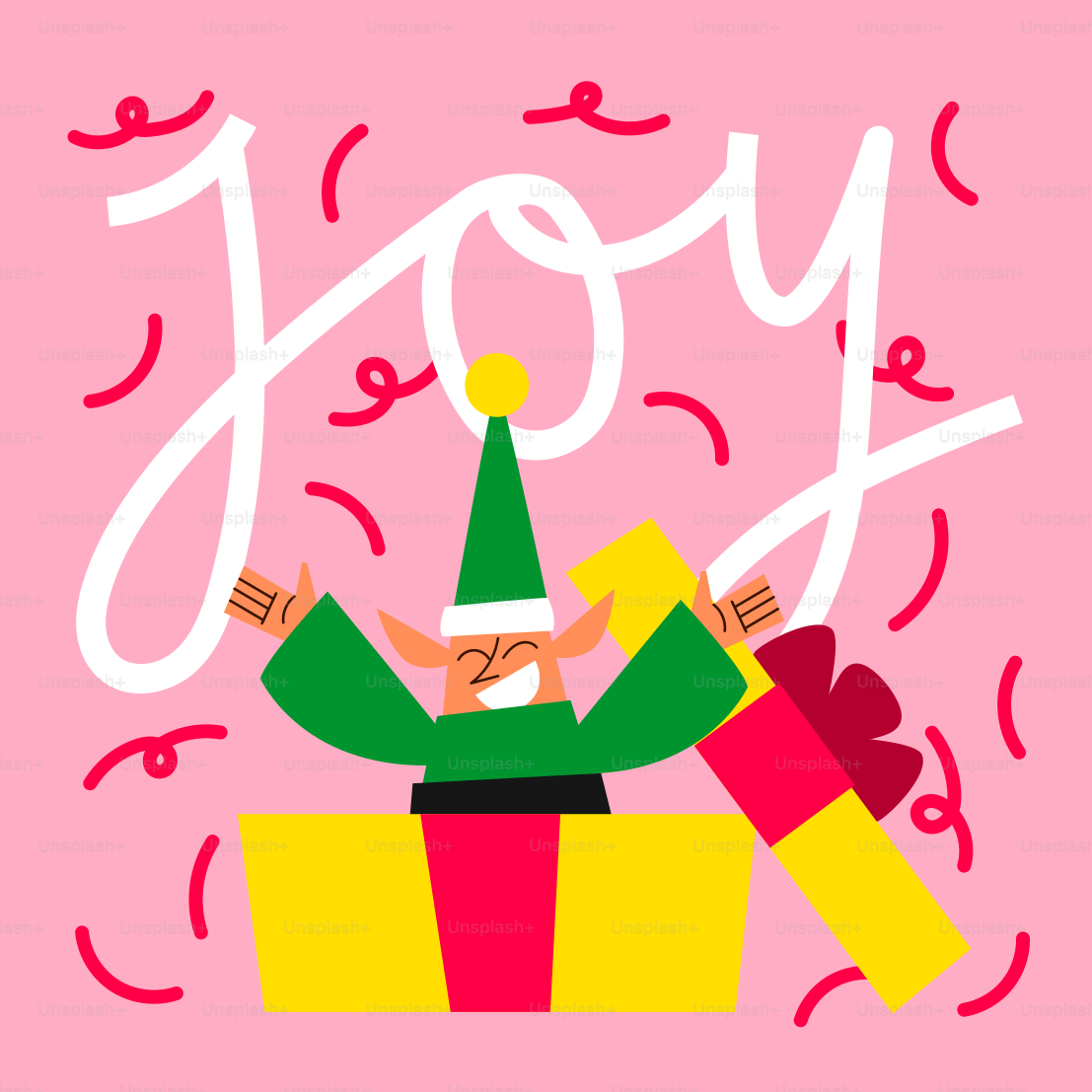 A pink background with a picture of a person holding a present
