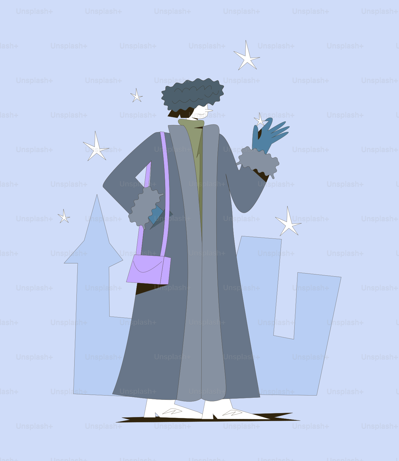 Eine Frau in einem grauen Mantel und einer lila Handtasche