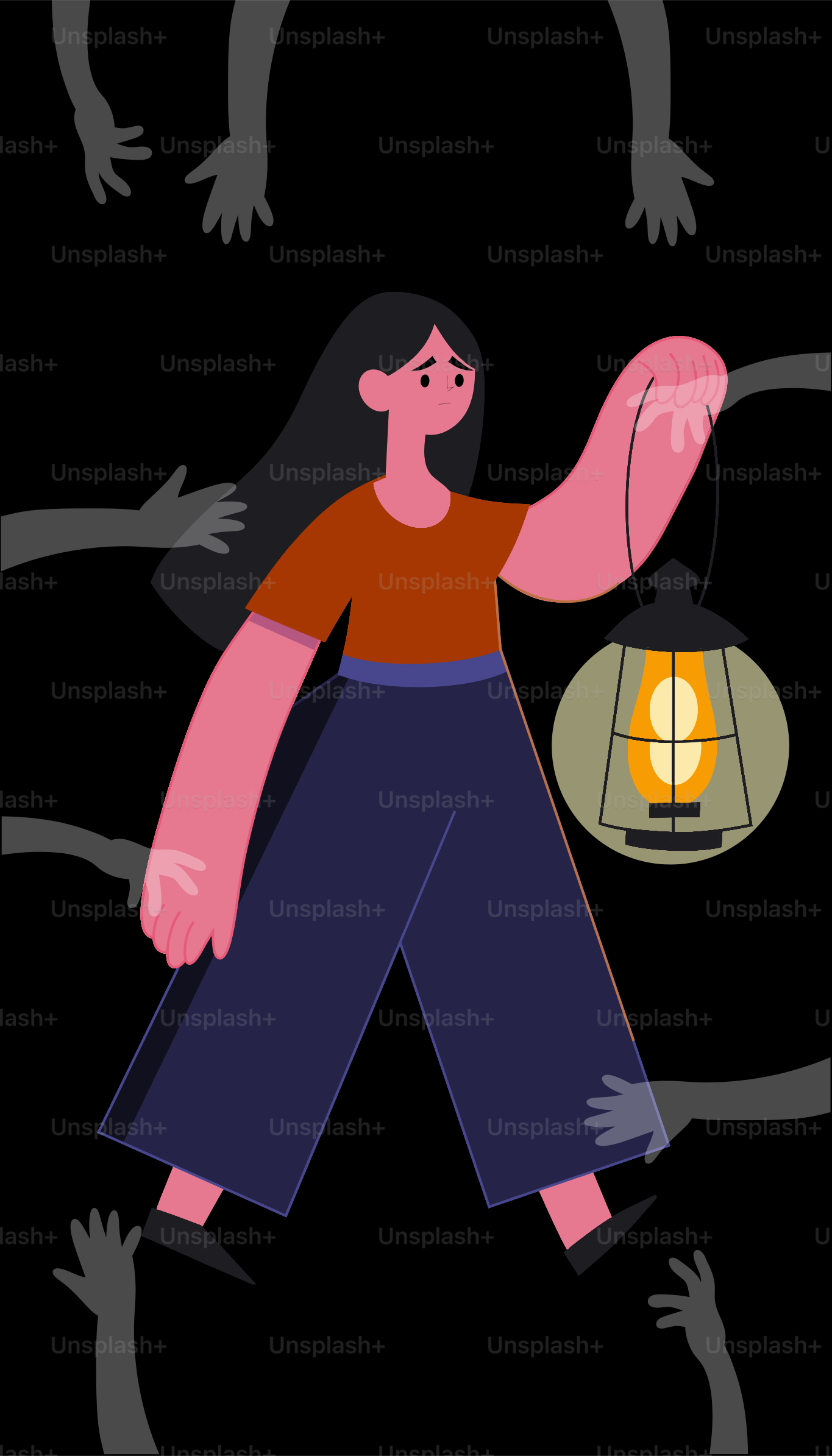 Una mujer sosteniendo una linterna en la oscuridad