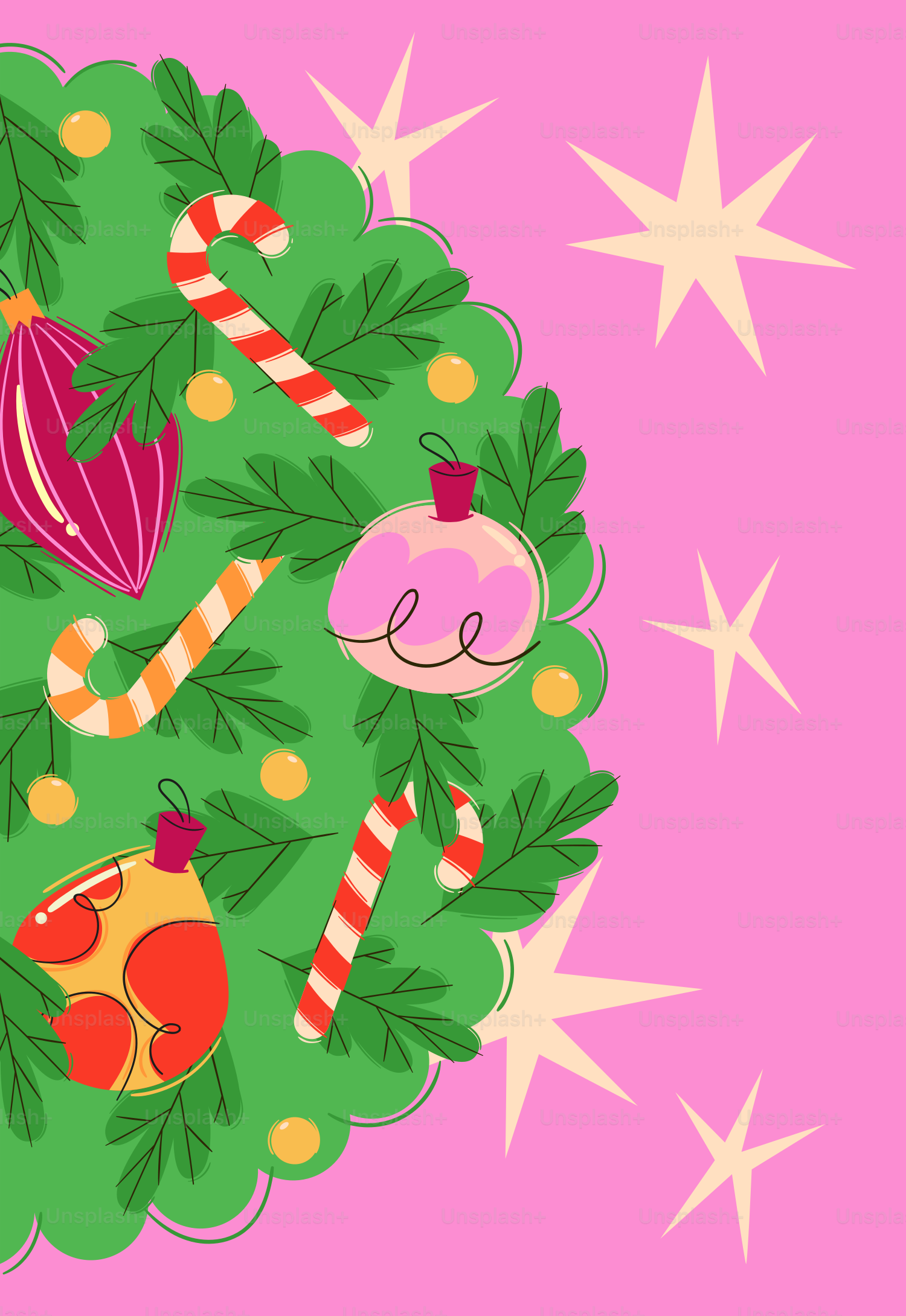 A christmas tree with ornaments on it on a pink background