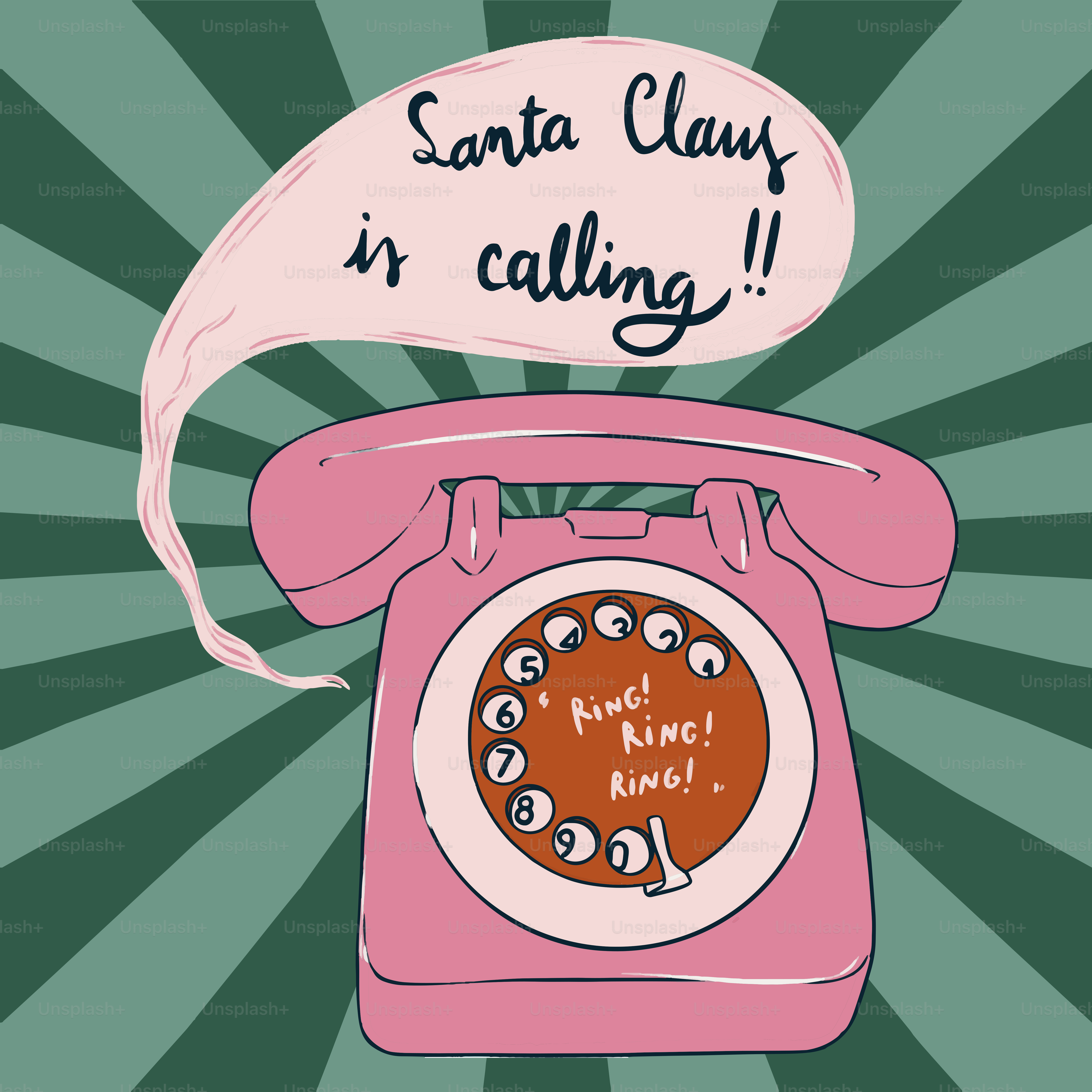 A pink phone with a bubble saying santa claus is calling