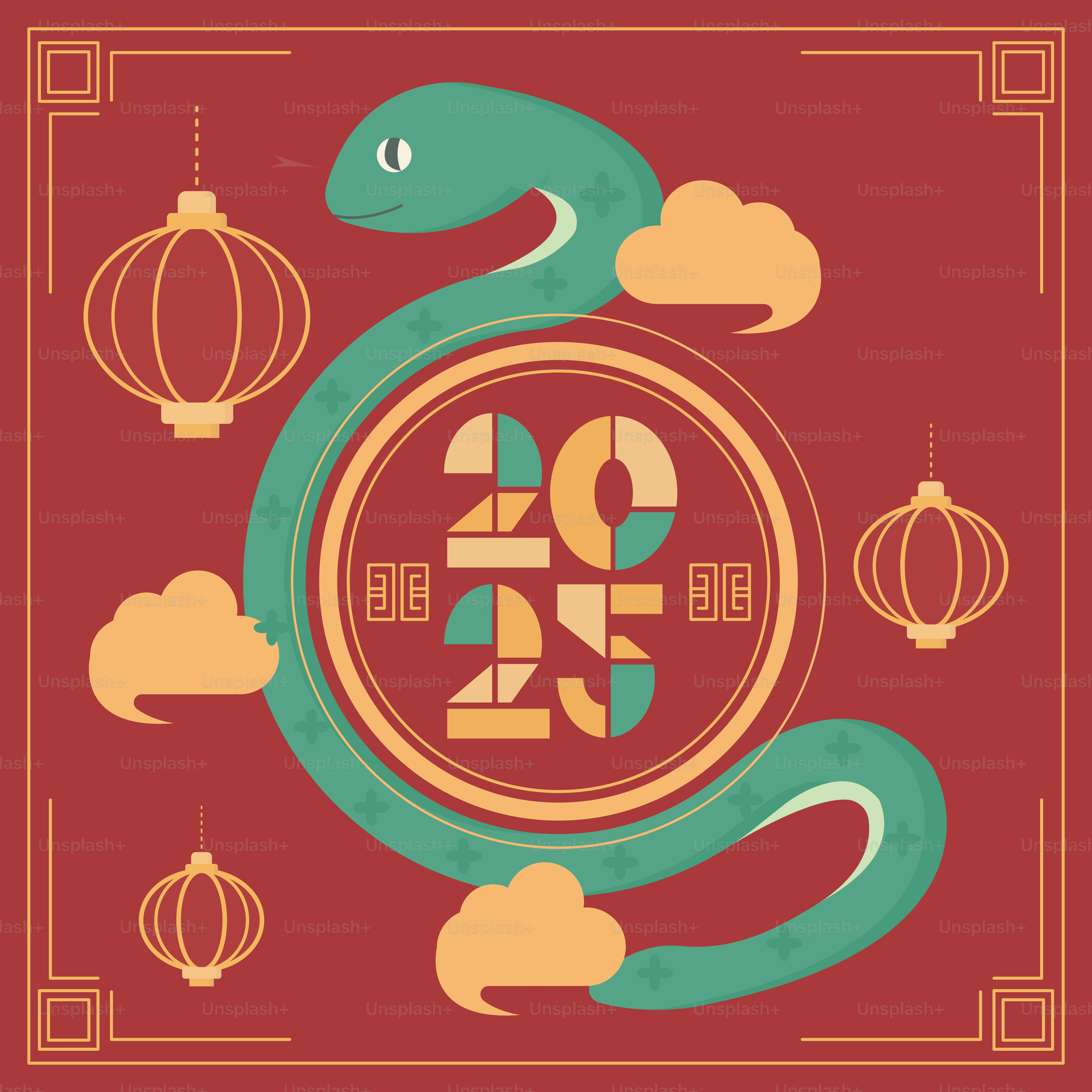 A red background with a green snake and chinese lanterns