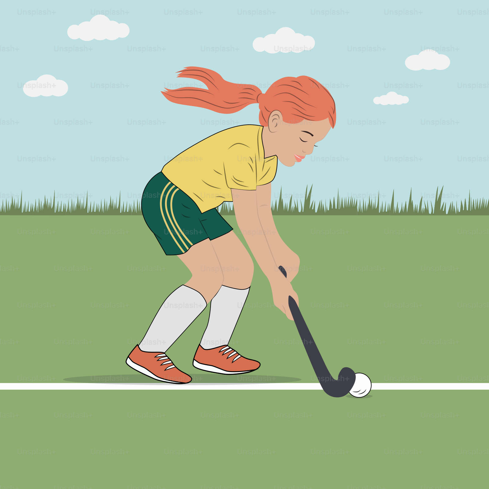 A girl in a yellow shirt is playing field hockey