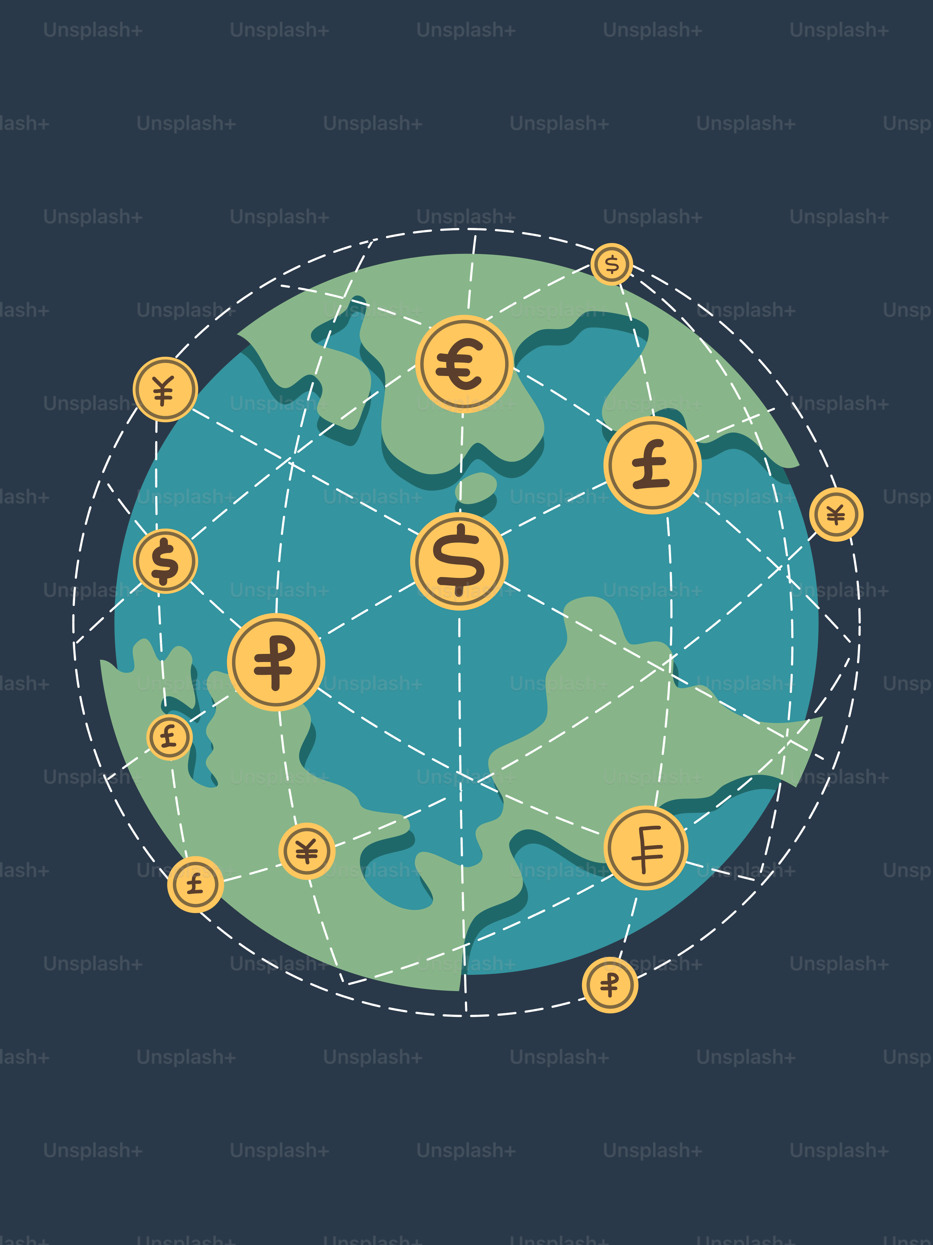 A globe with currency symbols on it