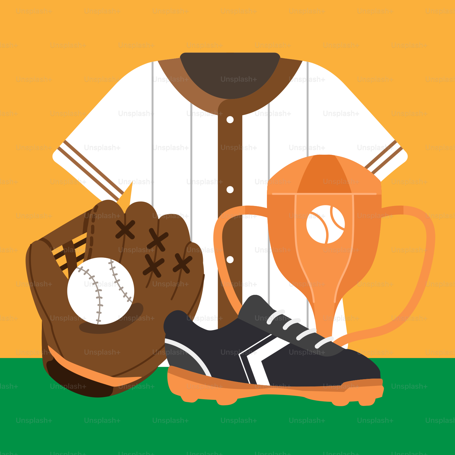 Uma luva de beisebol, luva de bola e um troféu em um campo