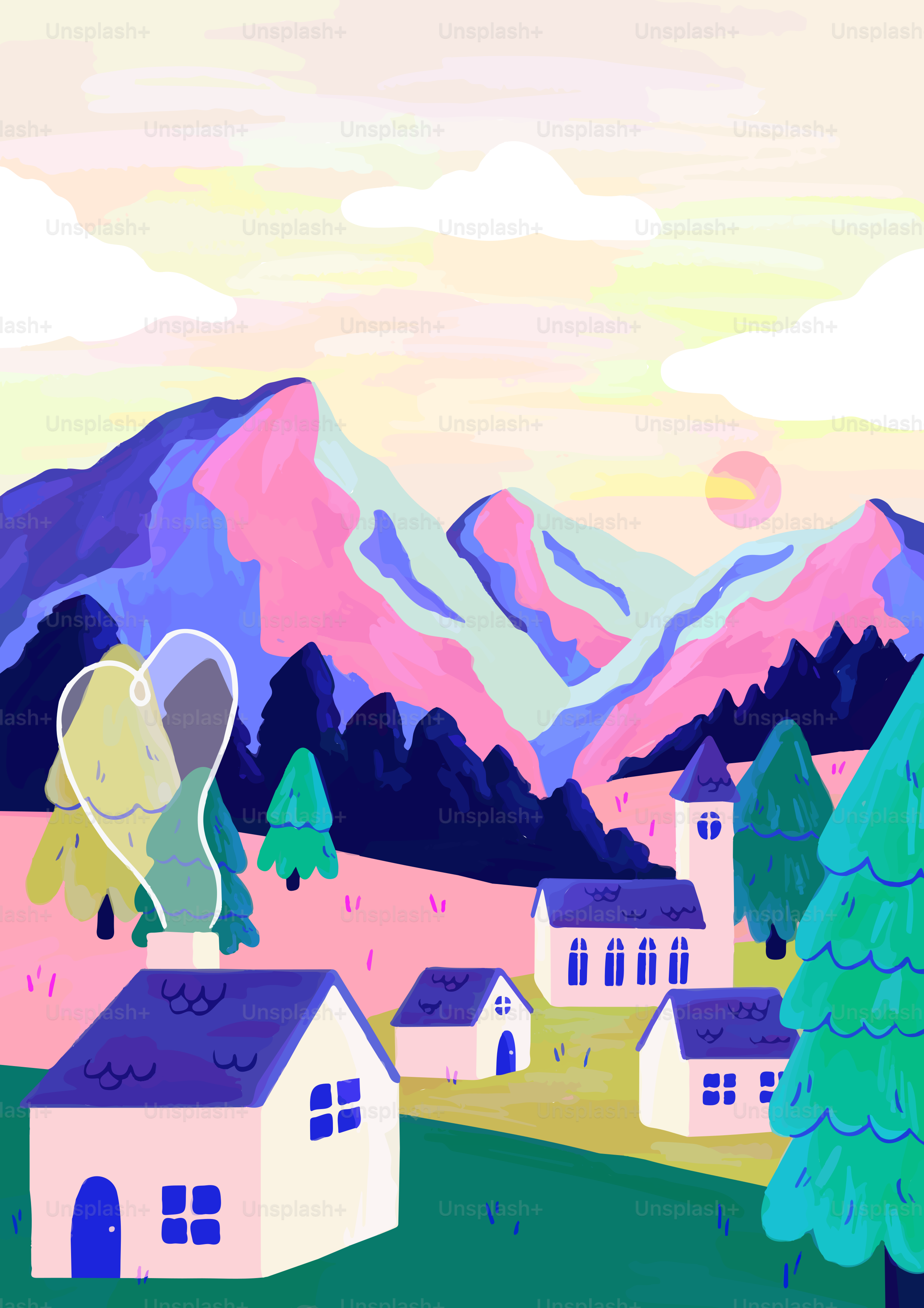 A painting of a village with mountains in the background