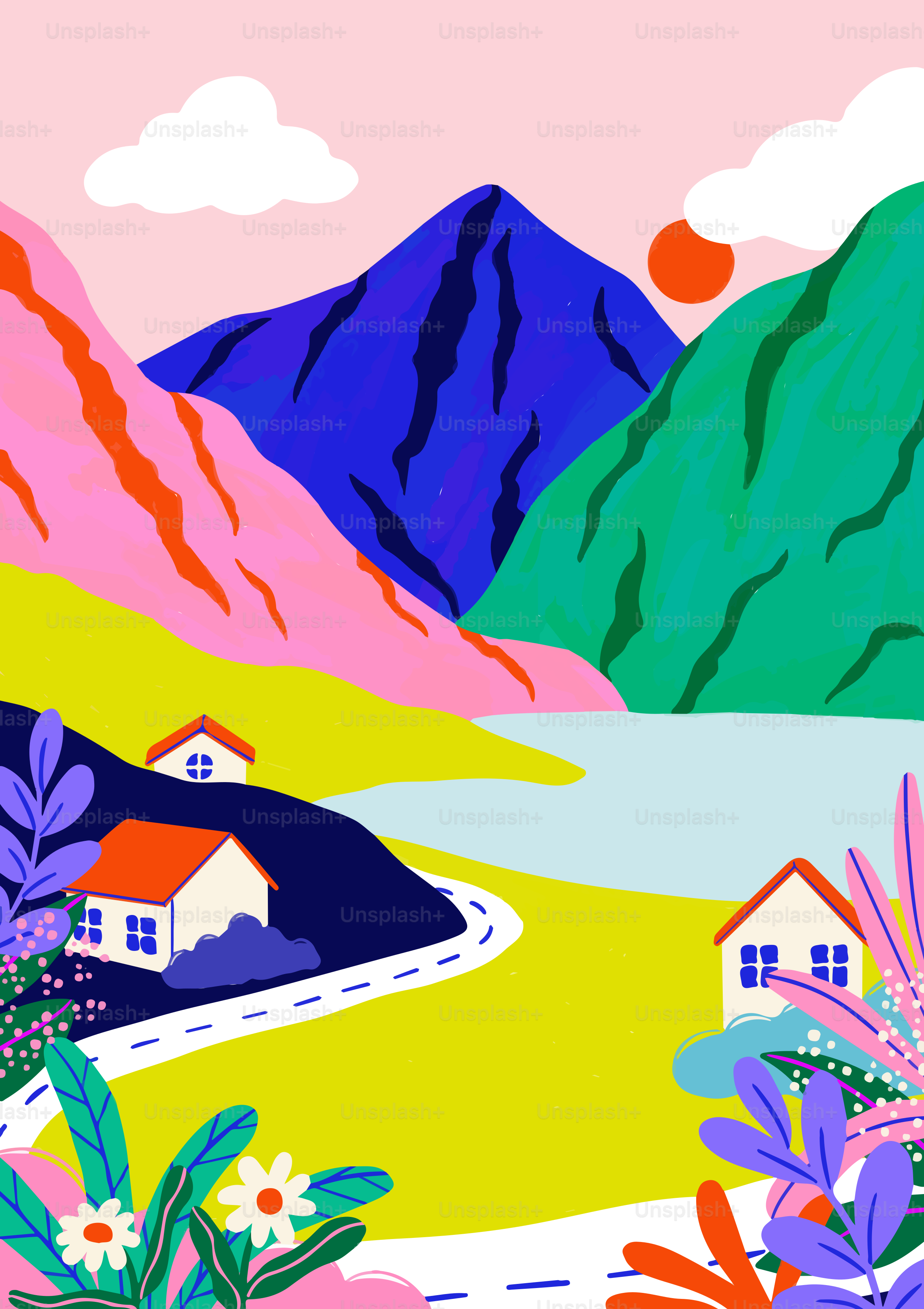 Un cuadro de una casa en las montañas
