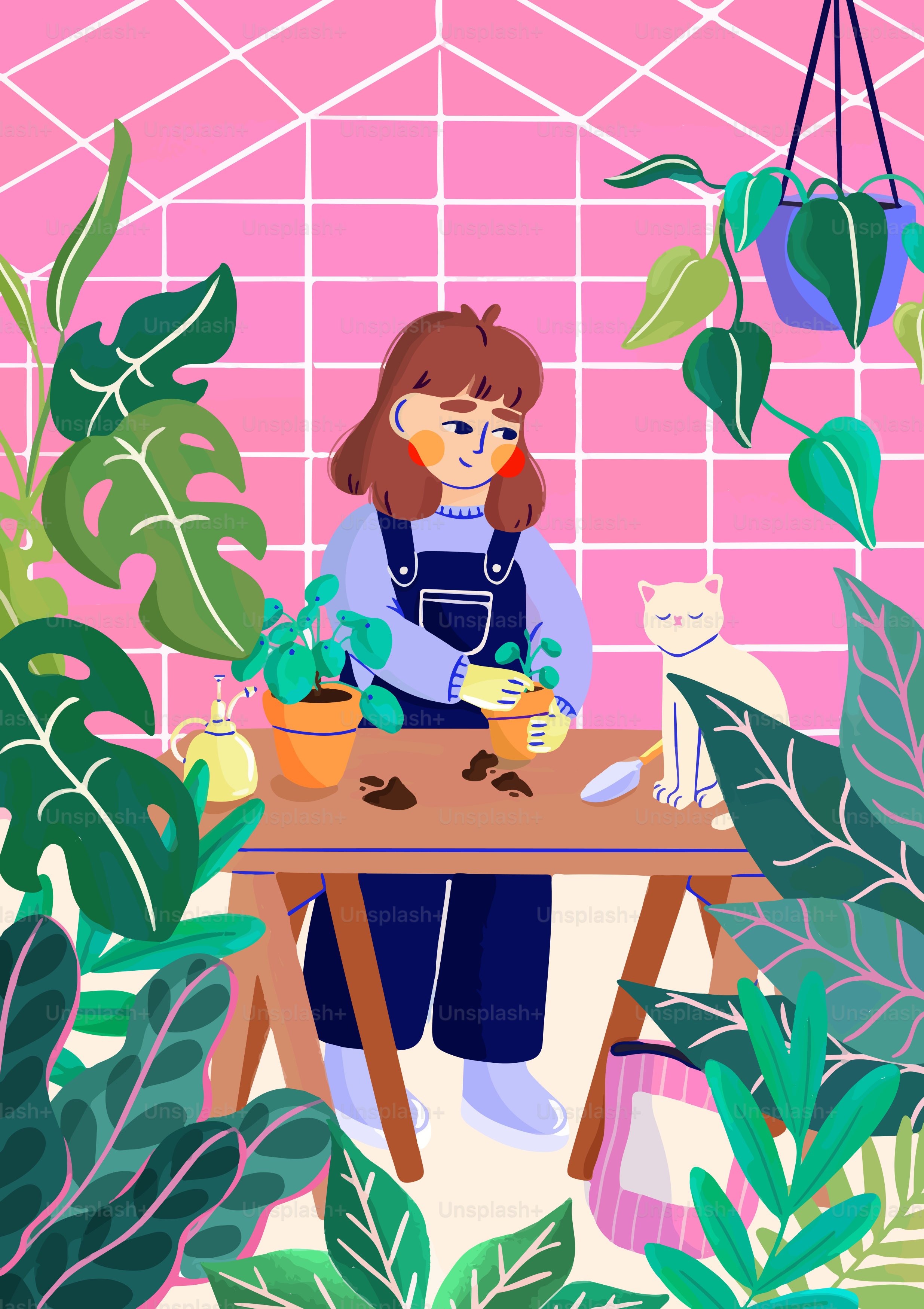 A woman sitting at a table surrounded by plants