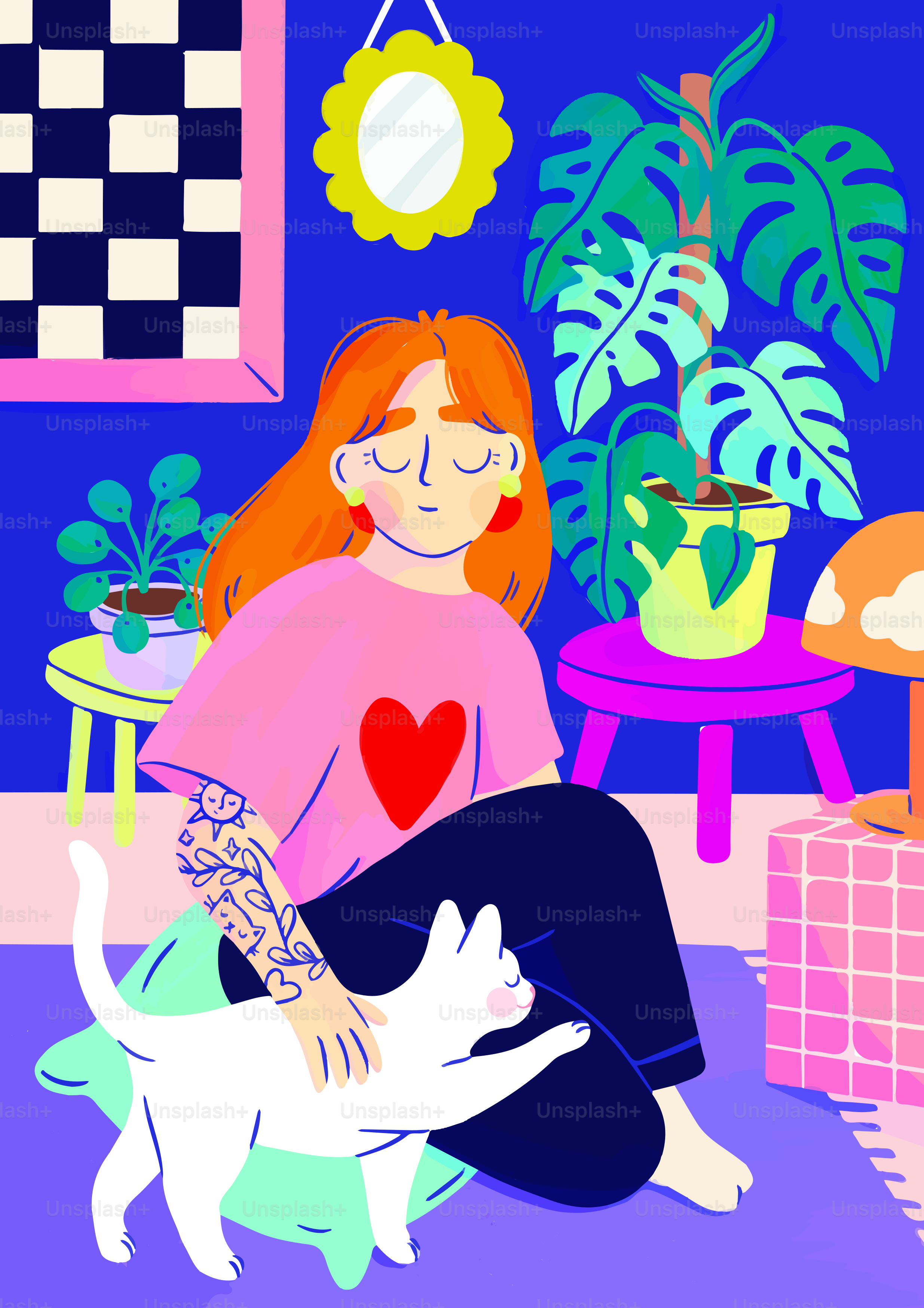 A woman sitting on the floor with a cat