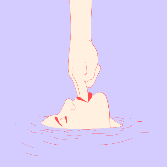 A hand reaching for a woman's head in the water