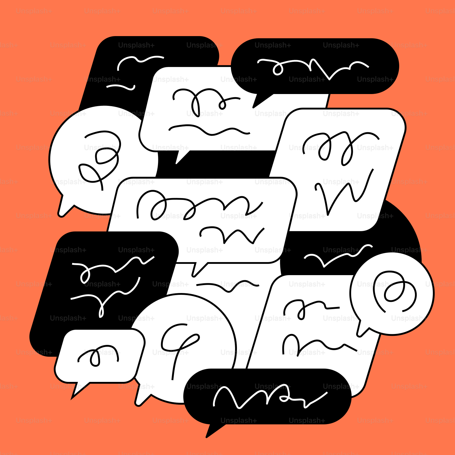 A bunch of black and white speech bubbles