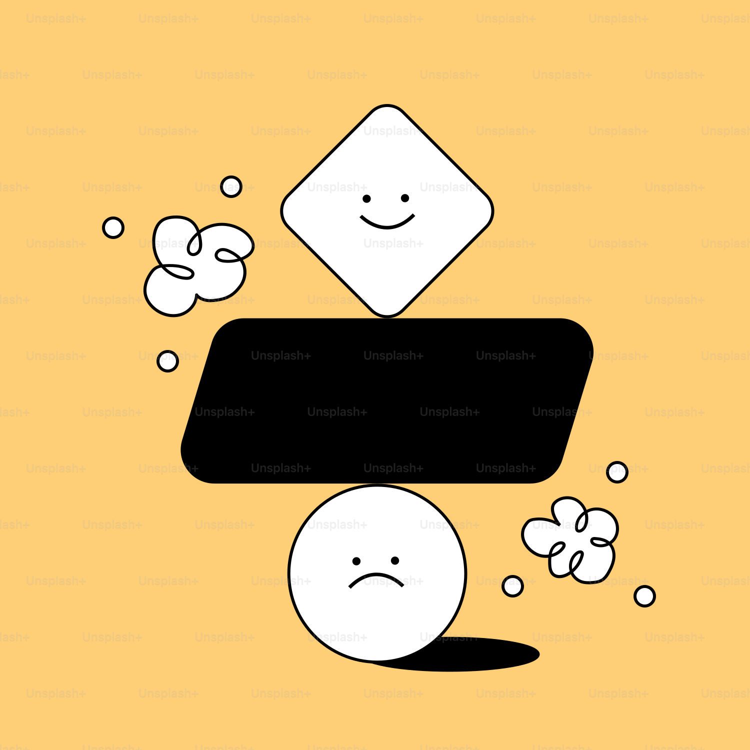 Uno sfondo giallo con un personaggio cartone animato in bianco e nero