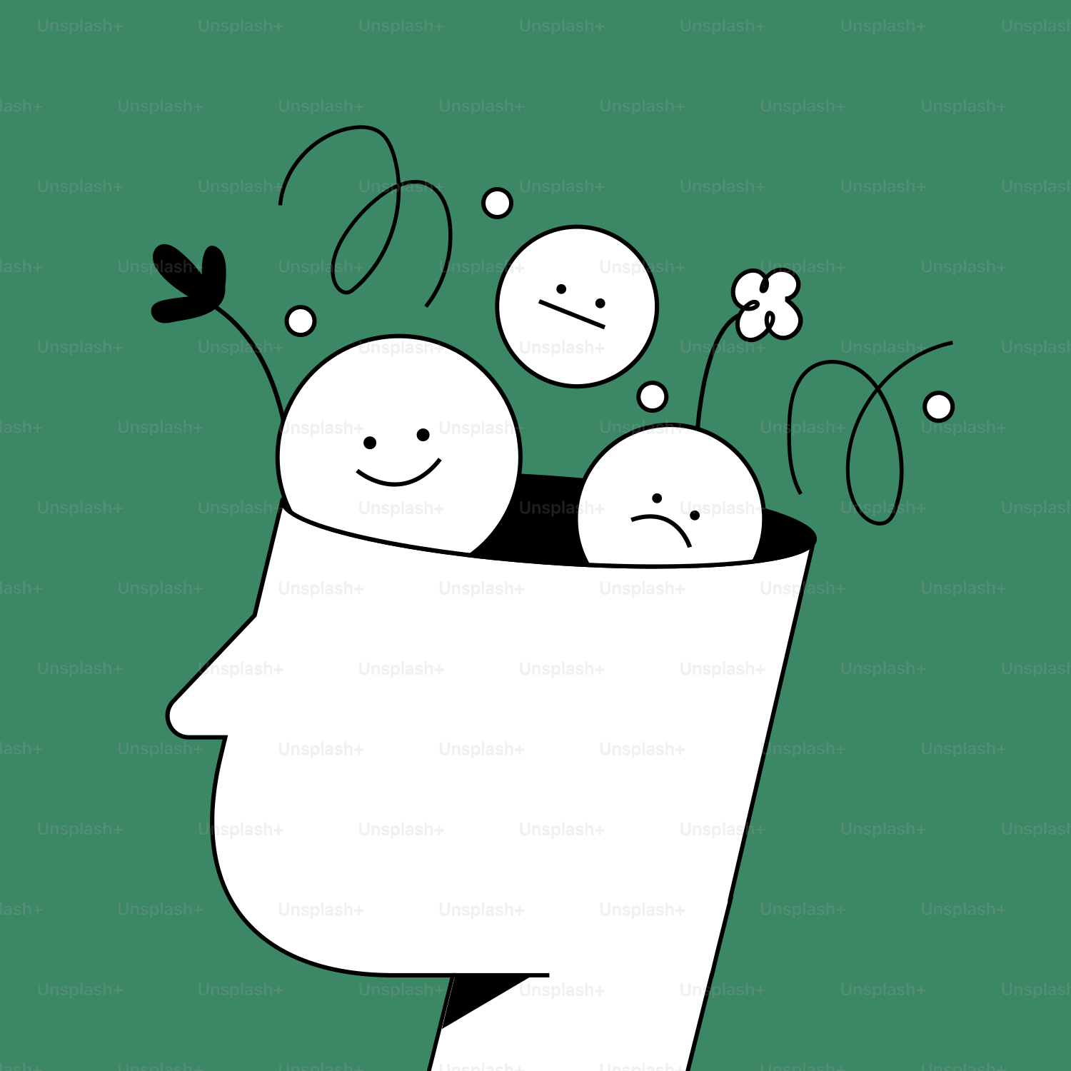 A drawing of a man's head with three people in it