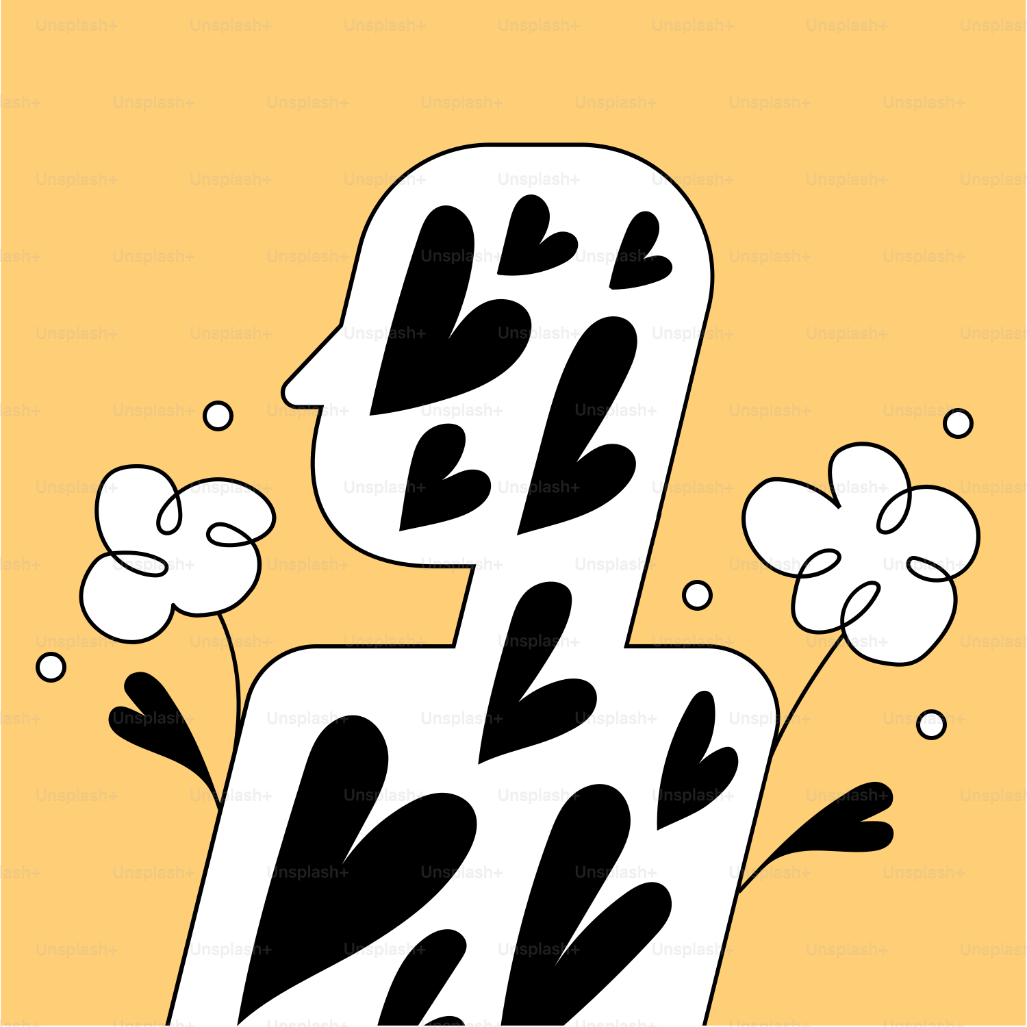 A black and white drawing of a person with flowers