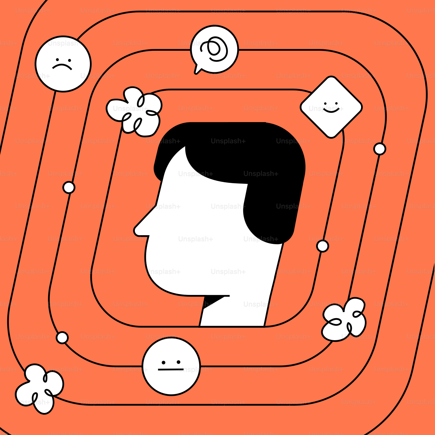 A man's head in a maze surrounded by bubbles