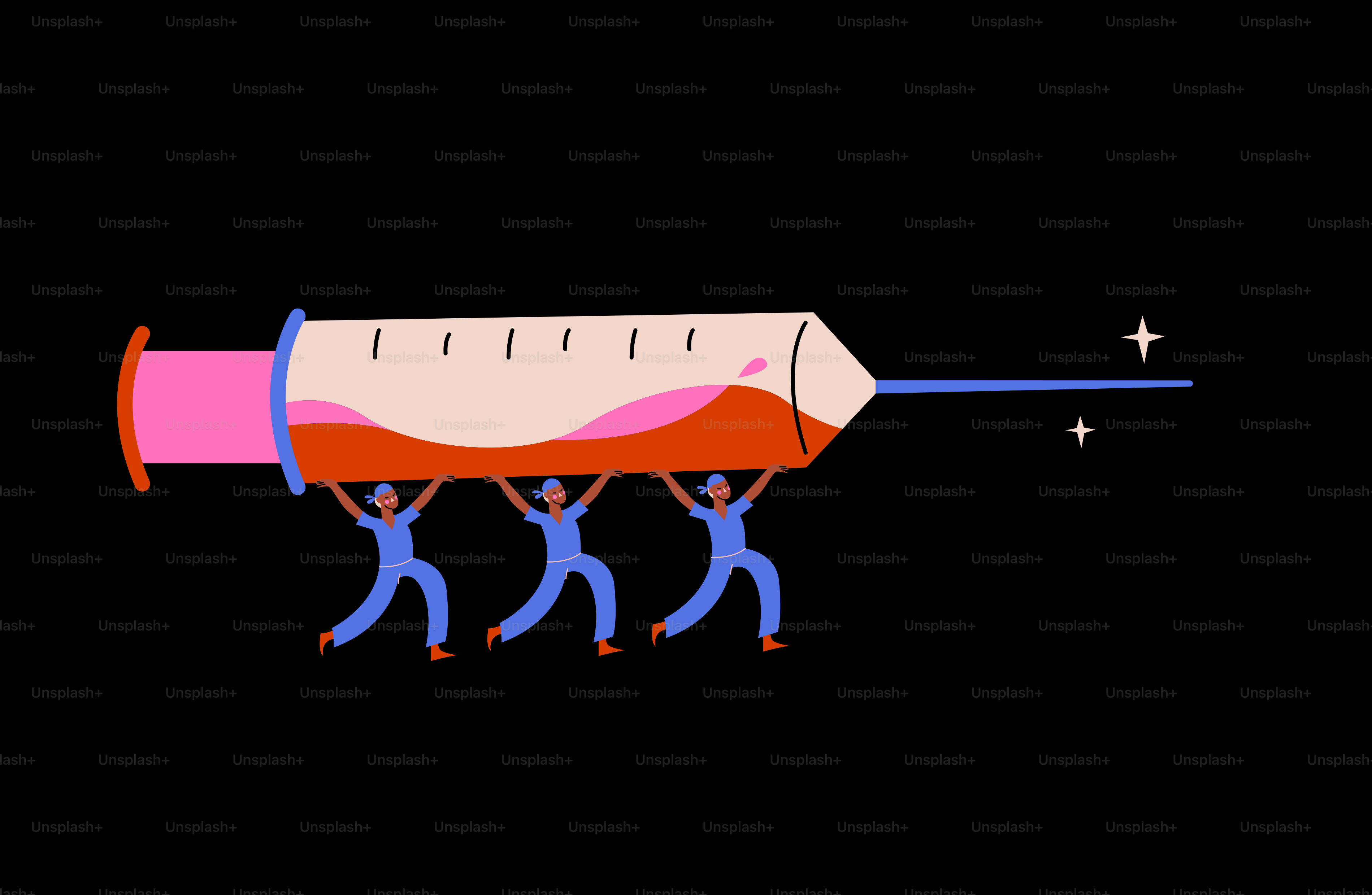 A drawing of three people pulling a large tube